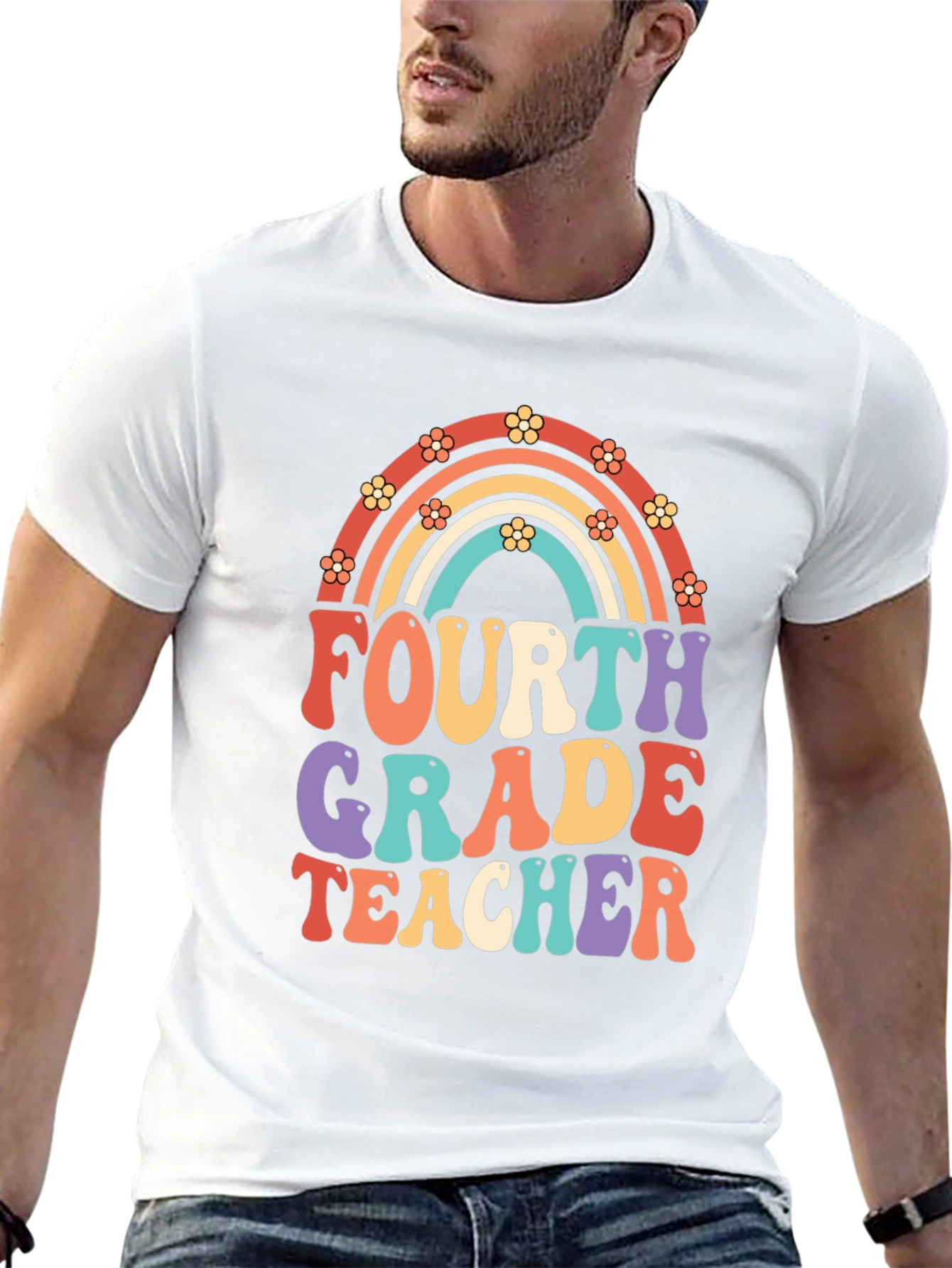 Black Fourth Grade Teacher Retro Rainbow T-Shirt view 13