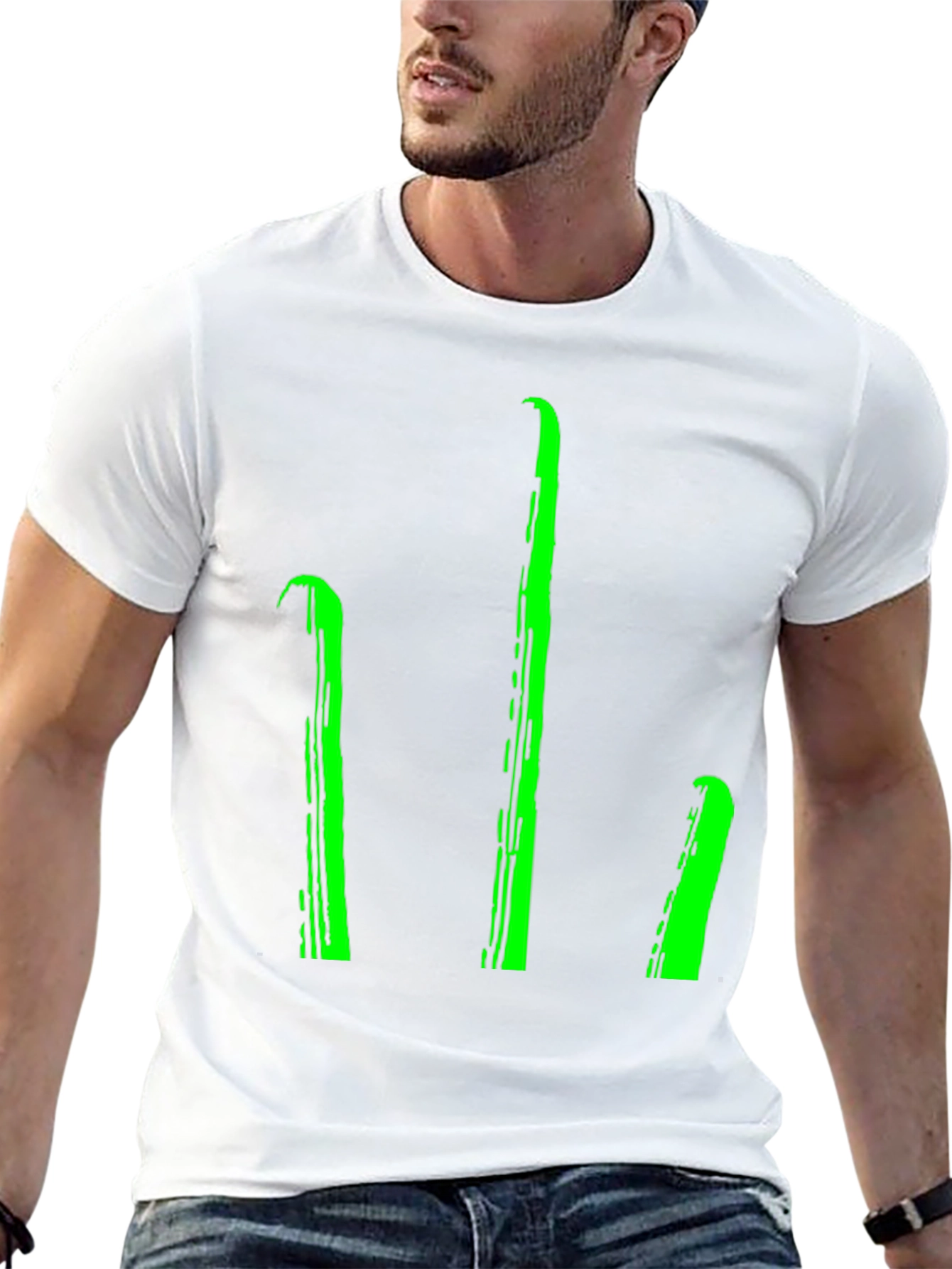 Black Men's Black T-Shirt with Green Stylized Trident Design view 13