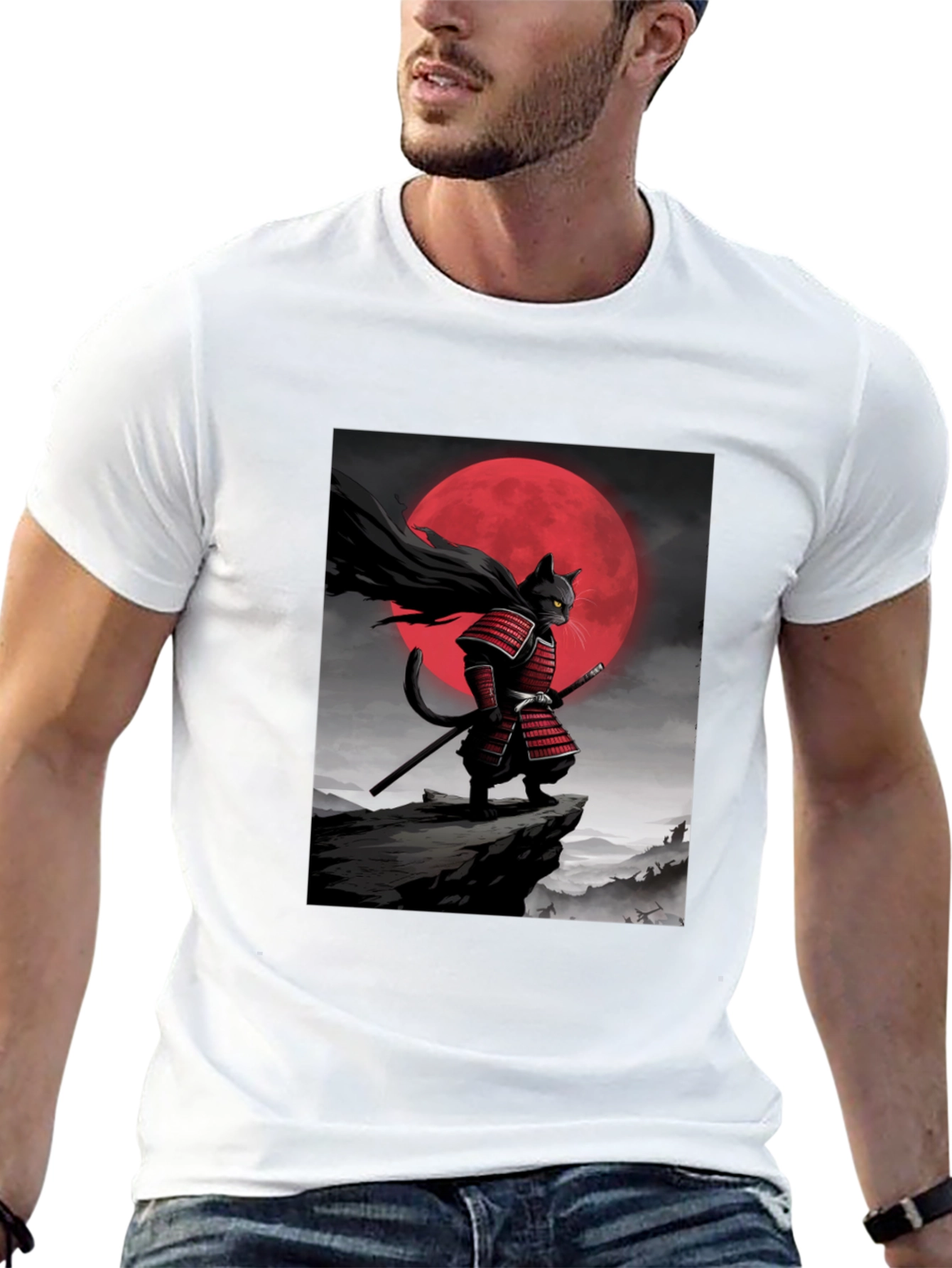 Black Samurai Cat Graphic T-Shirt view 13