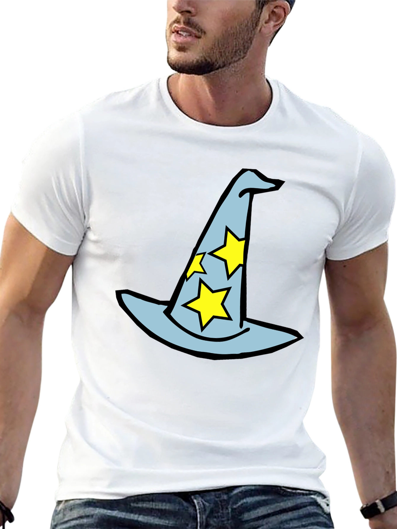 Black Wizard Hat Graphic Tee - Magical Star Design Black T-Shirt view 13