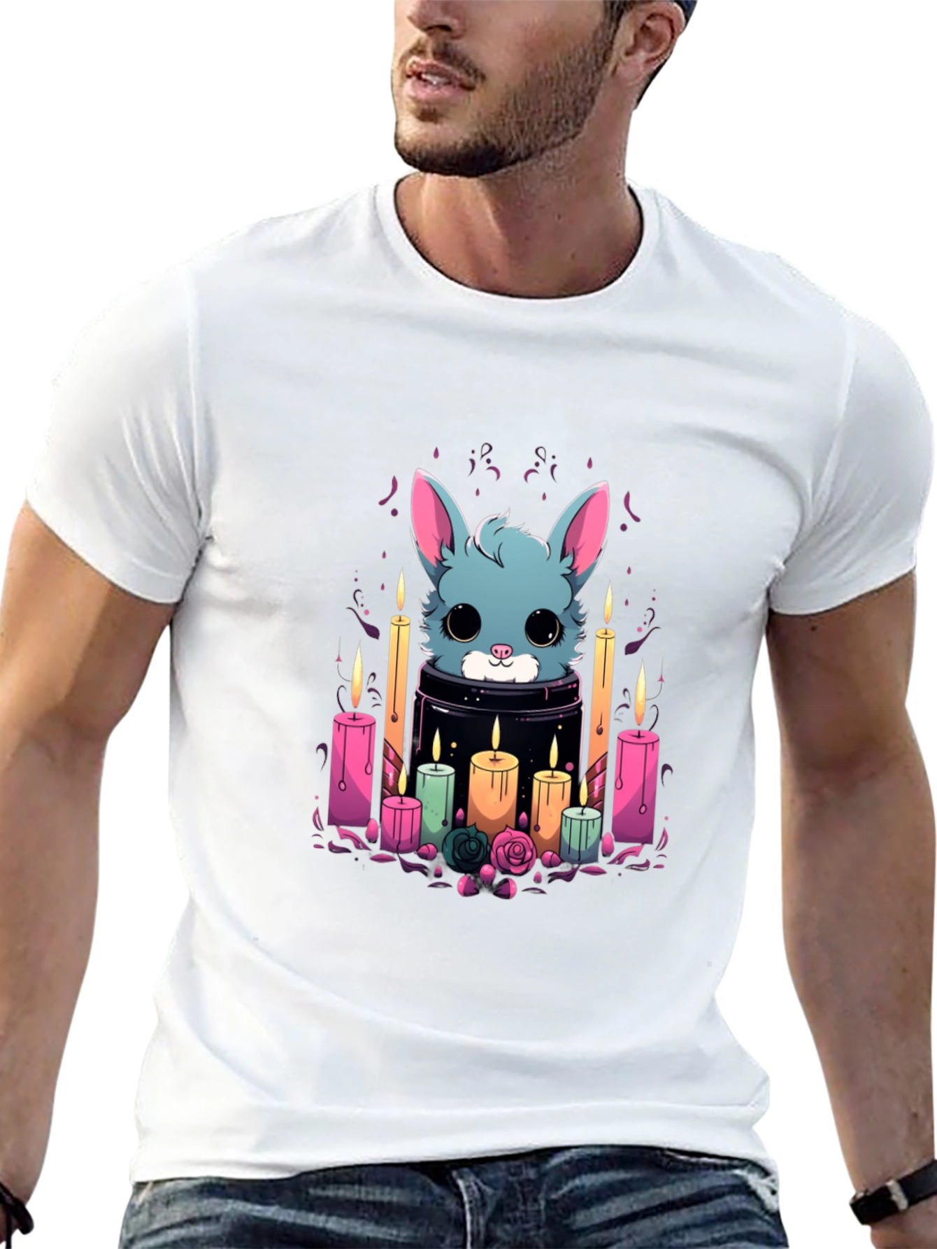 Black Cute Bunny Candle T-Shirt - Stylish Graphic Tee view 13