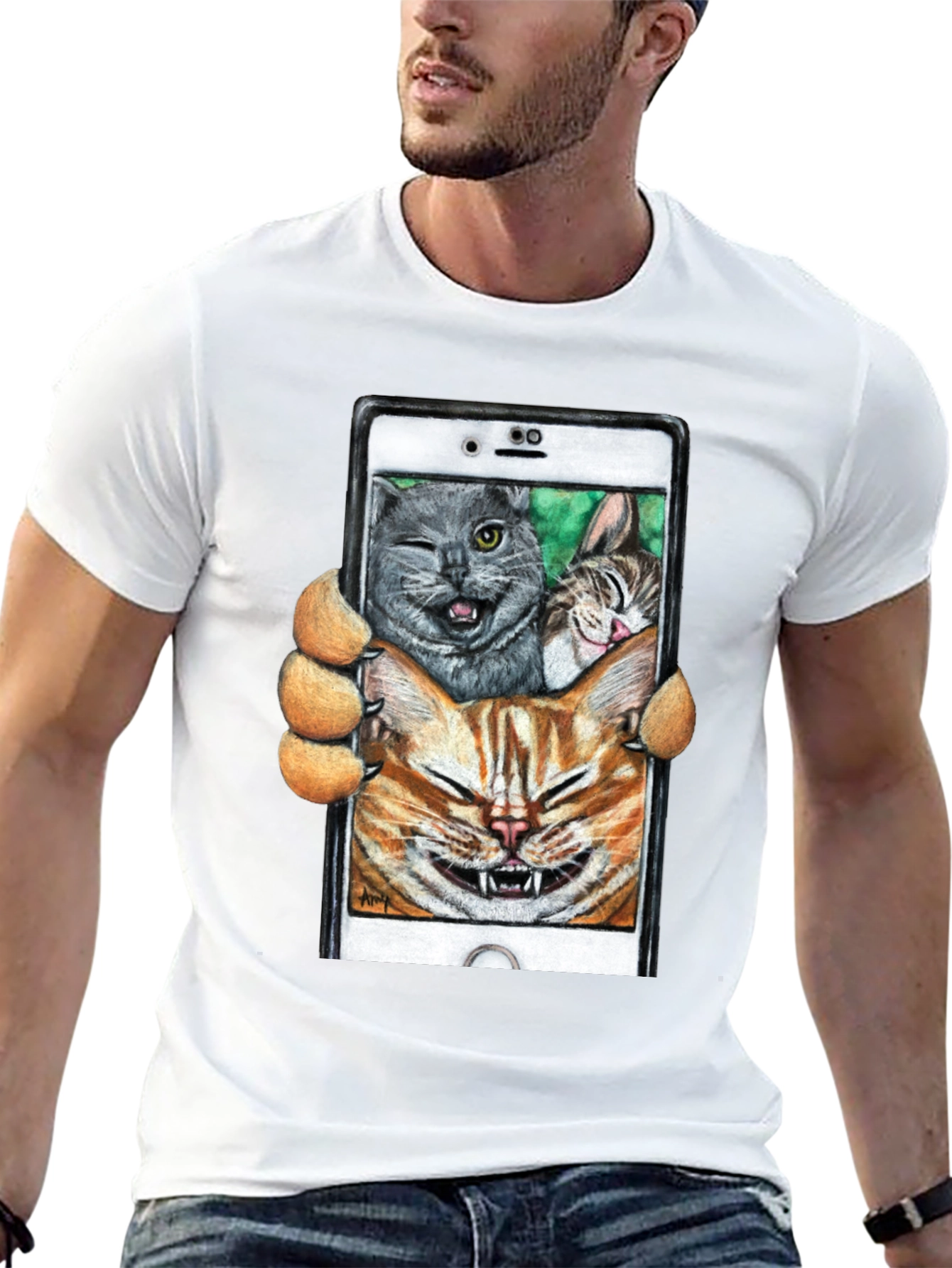 Black Funny Cat Selfie T-Shirt view 13