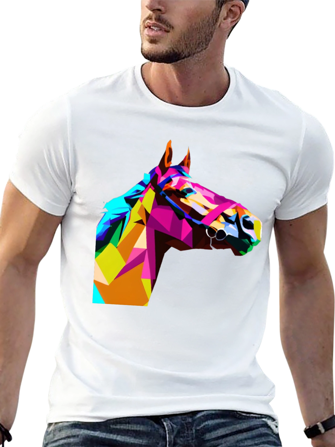 Black Geometric Horse Head Print Black T-Shirt view 13