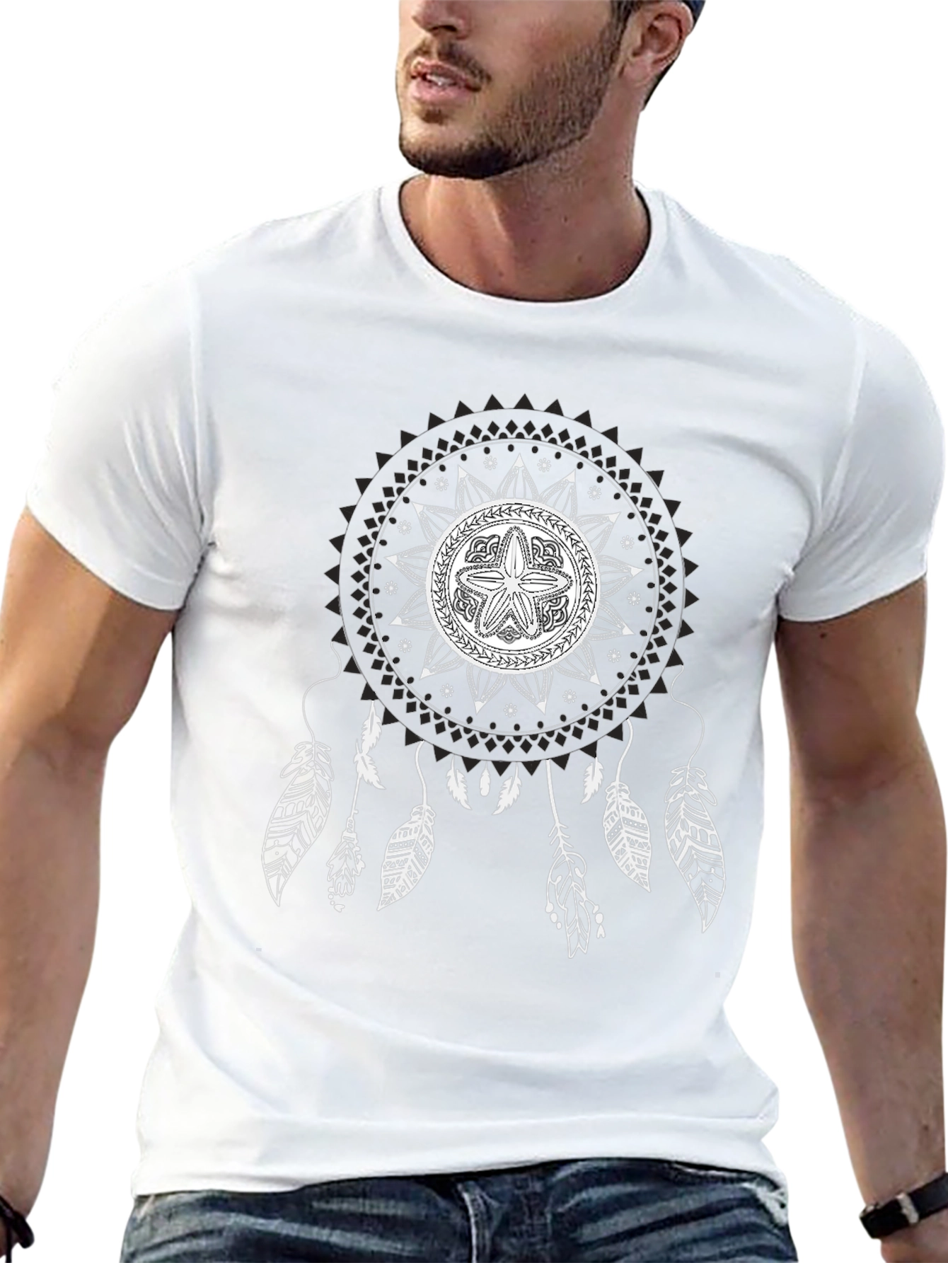 Black Black T-Shirt with Mandala Dreamcatcher Design view 13