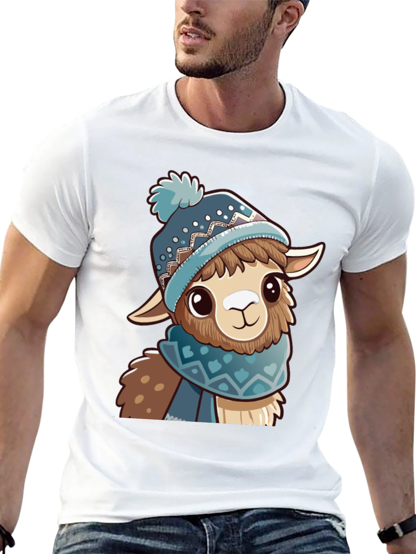 Black Cute Llama in Winter Hat Black T-Shirt view 13