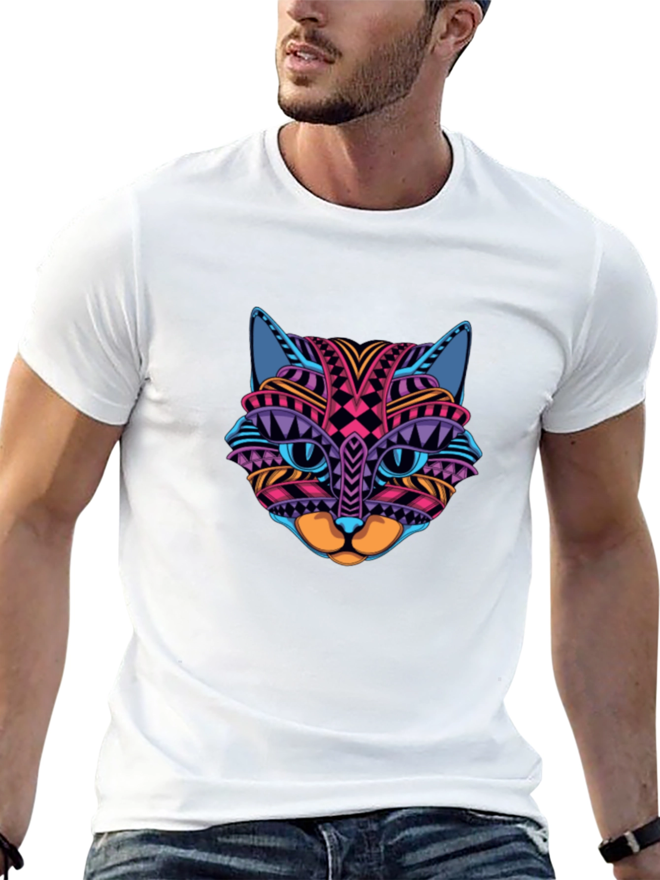 Black Colorful Cat Face Graphic Print Black T-Shirt view 13