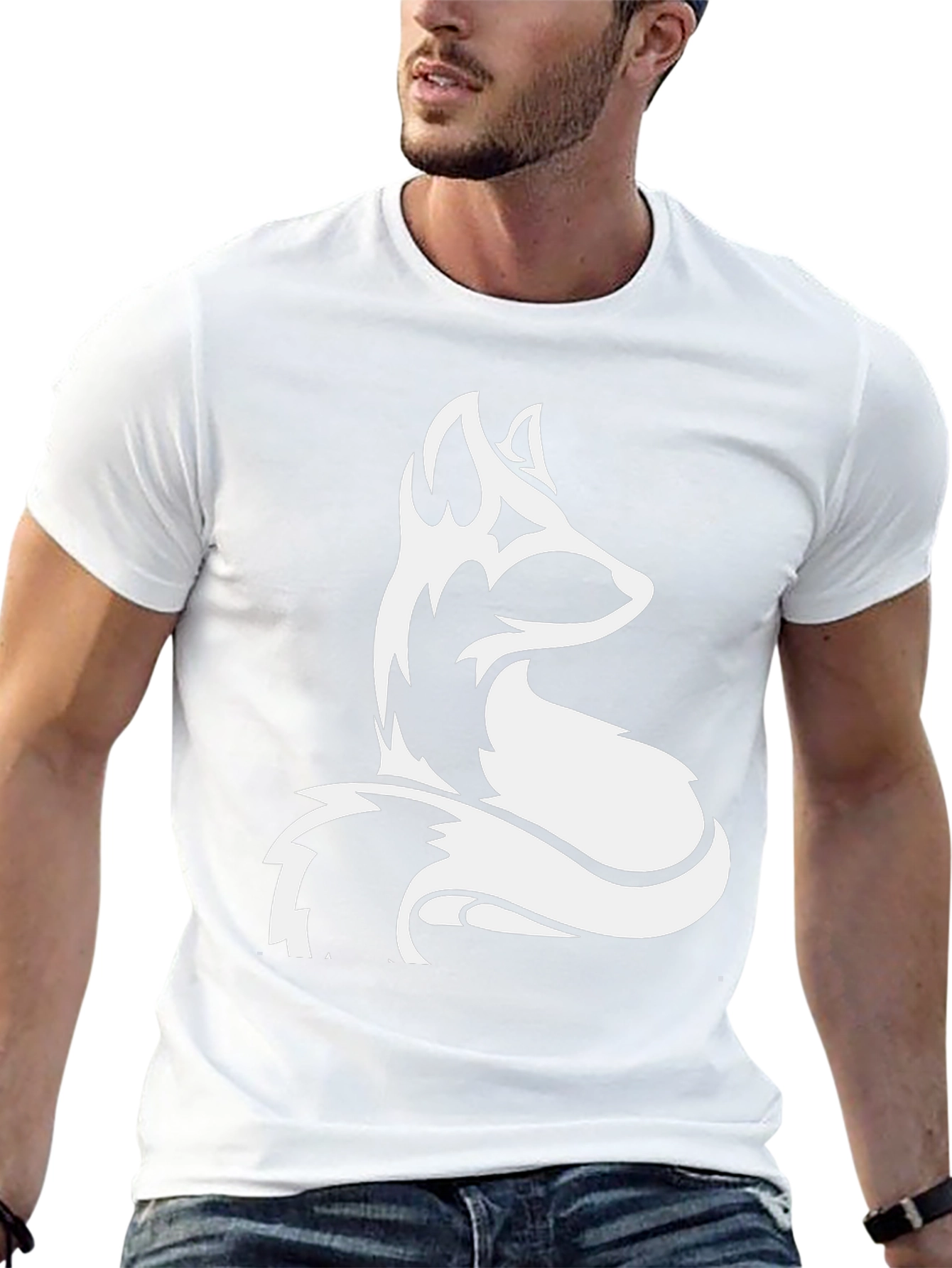 Black Men's Black T-shirt with White Fox Graphic view 13