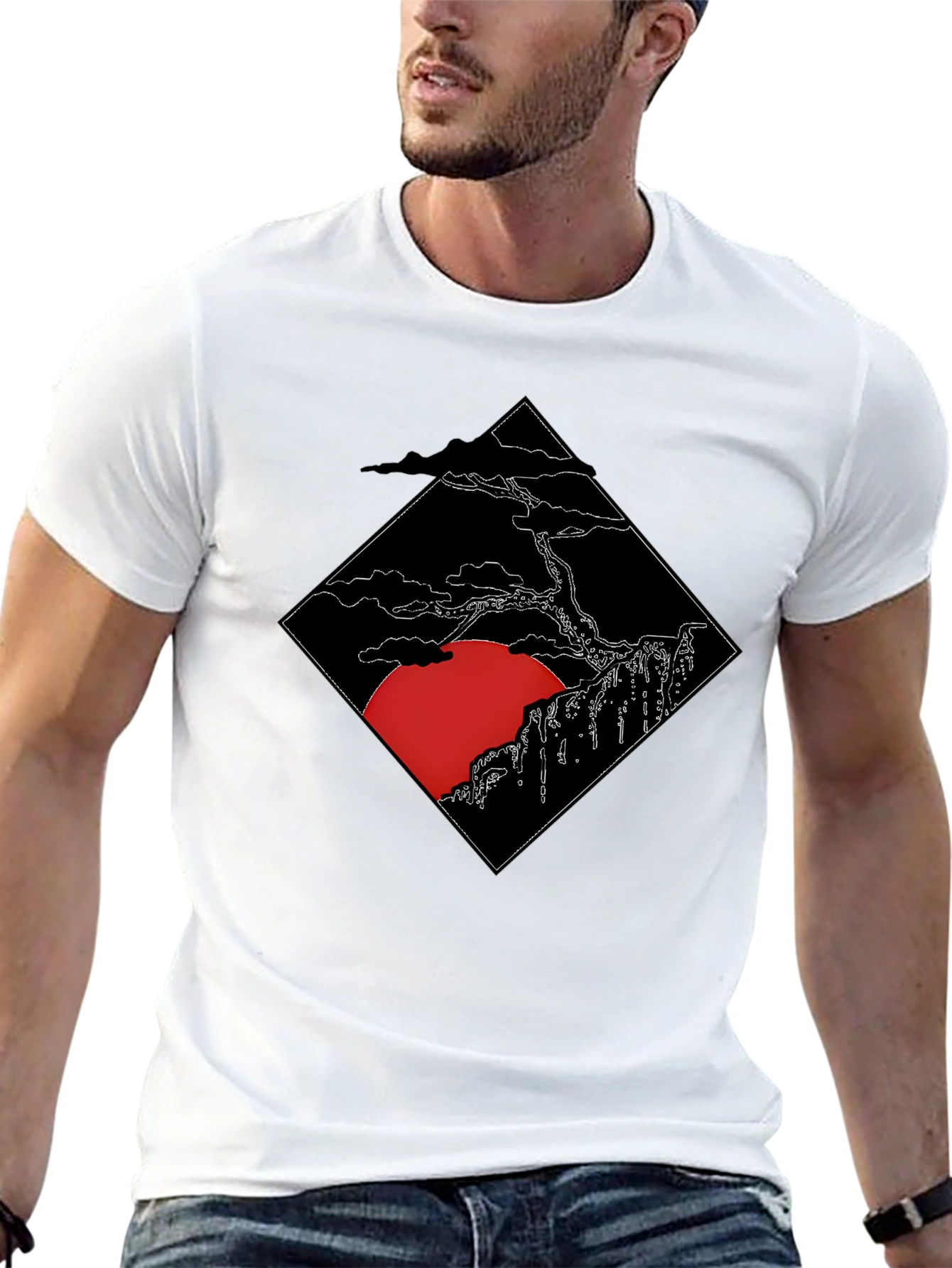 Black Men's Black T-Shirt with Japanese Sunset Design view 13