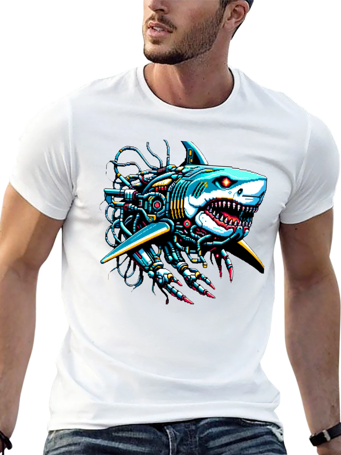 Black Cyberpunk Shark Graphic Tee - Unique & Bold Design view 13