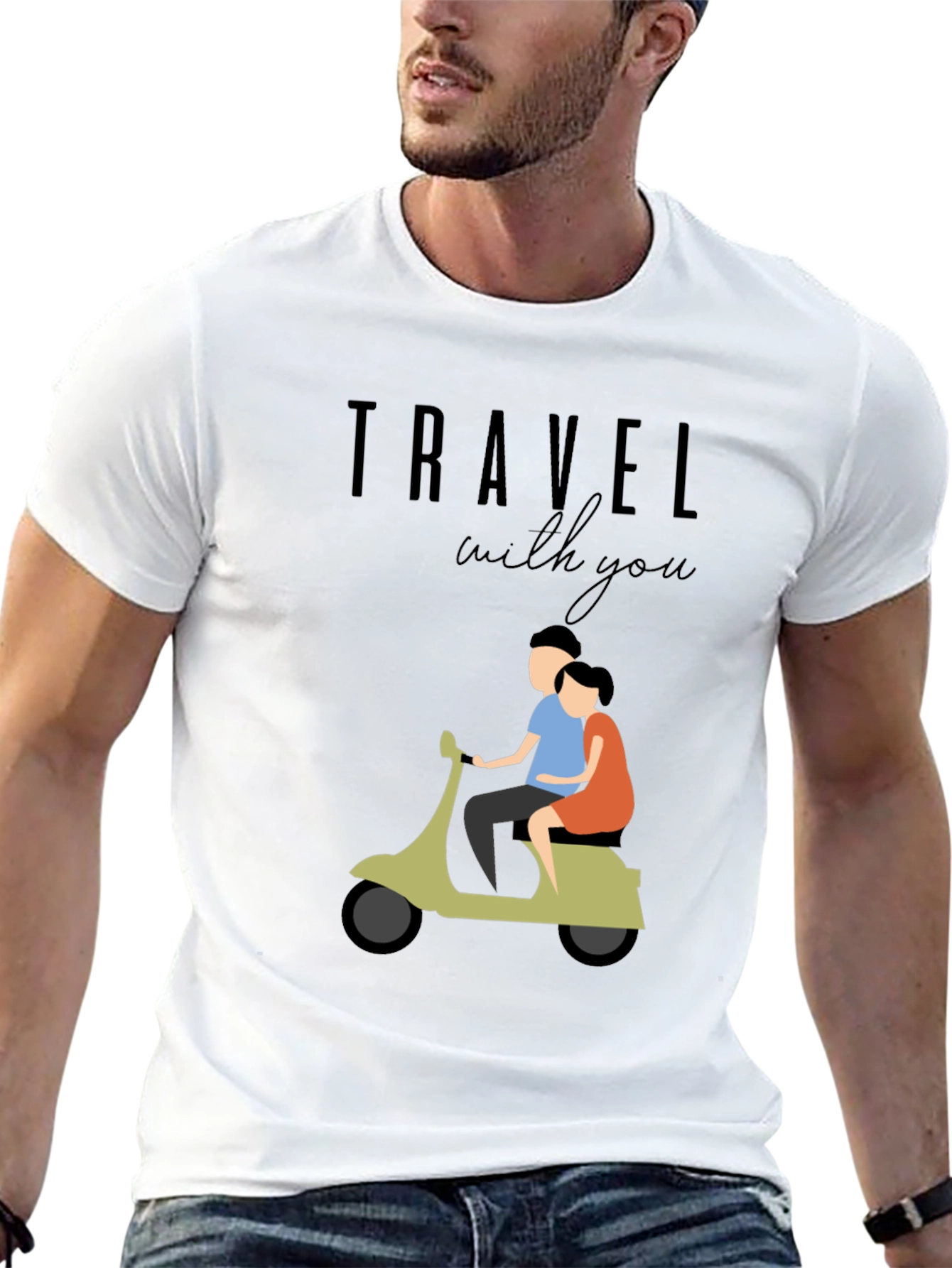 Black Travel With You Graphic Tee - Stylish Couple Scooter Design view 13