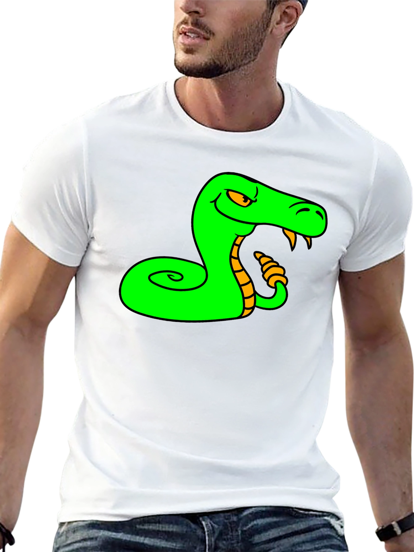 Black Green Snake Cartoon Graphic Black T-Shirt view 13