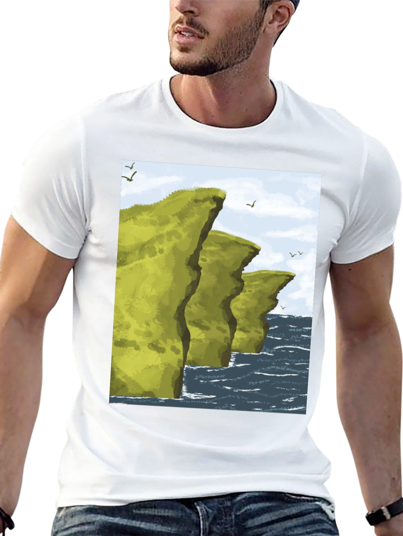 Black Coastal Cliff Graphic Tee - Black Cotton T-Shirt view 13