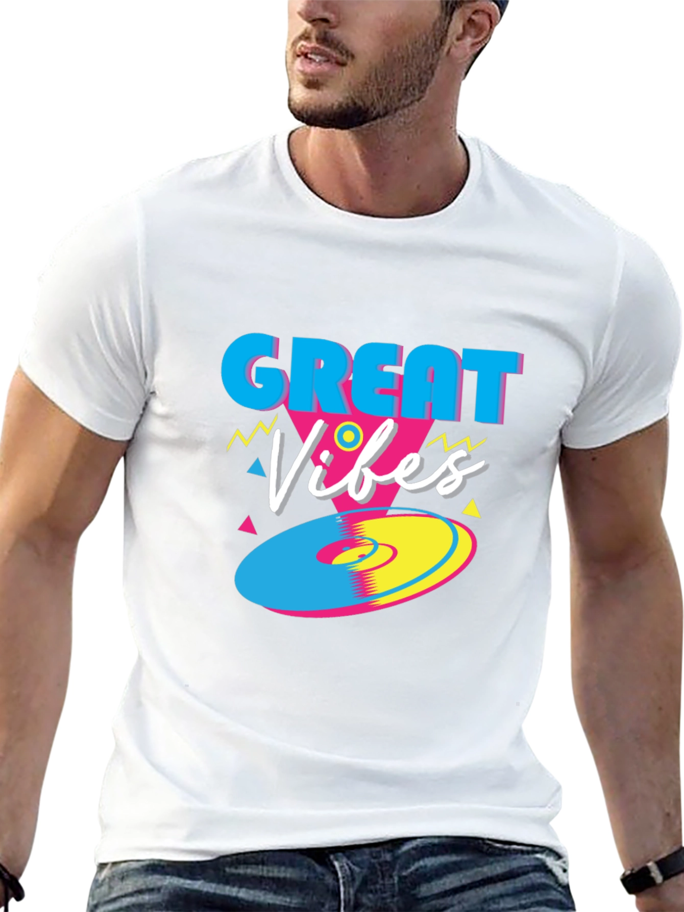 Black Great Vibes Retro T-Shirt - Funky 80s Style Tee view 13