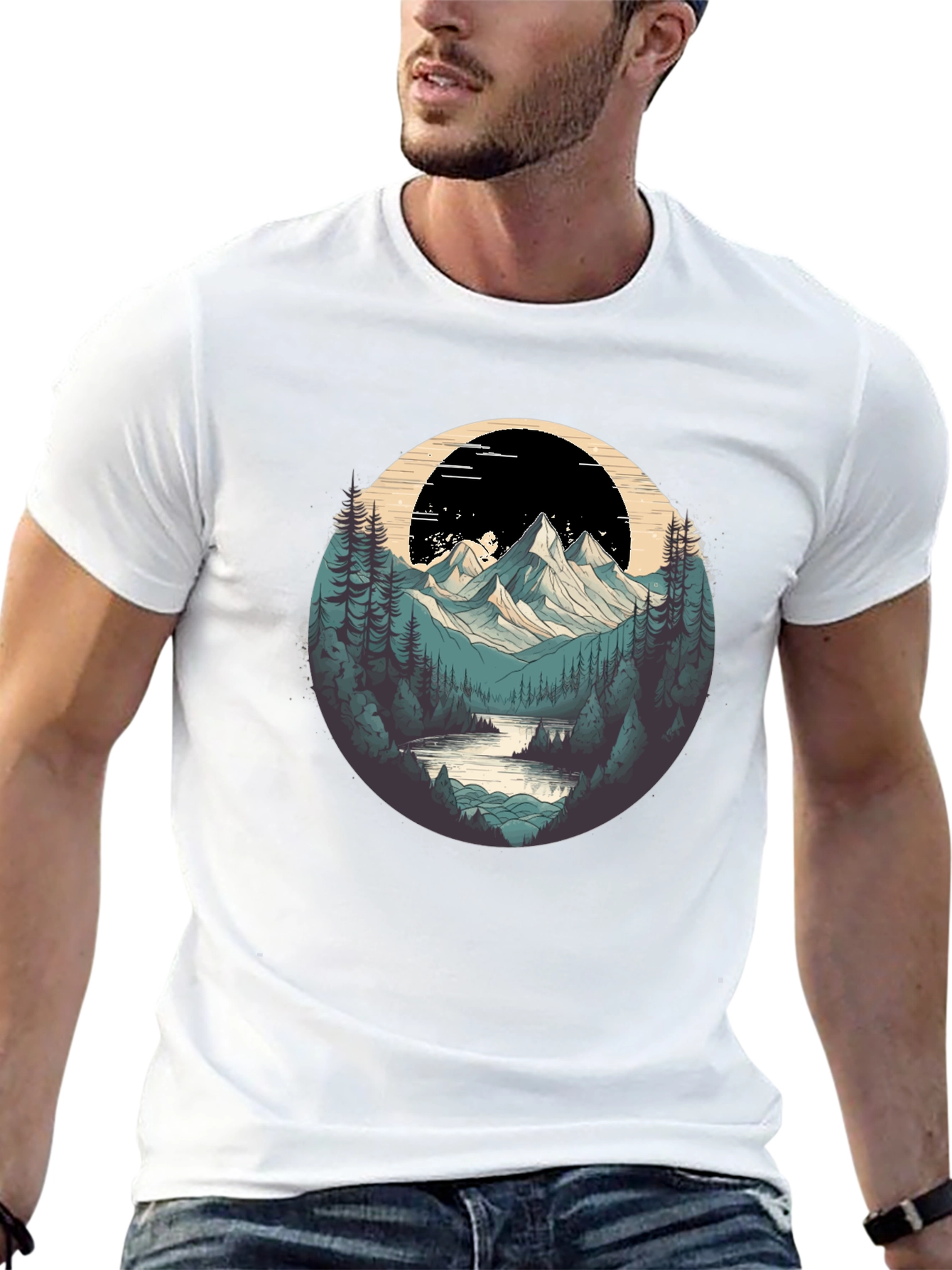Black Nature Graphic T-Shirt - Mountain and Forest Design view 13