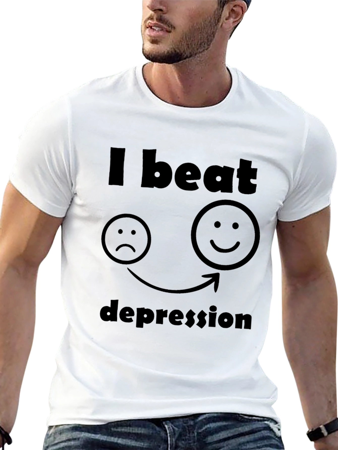 Black I Beat Depression T-Shirt - Black, Graphic Tee view 13