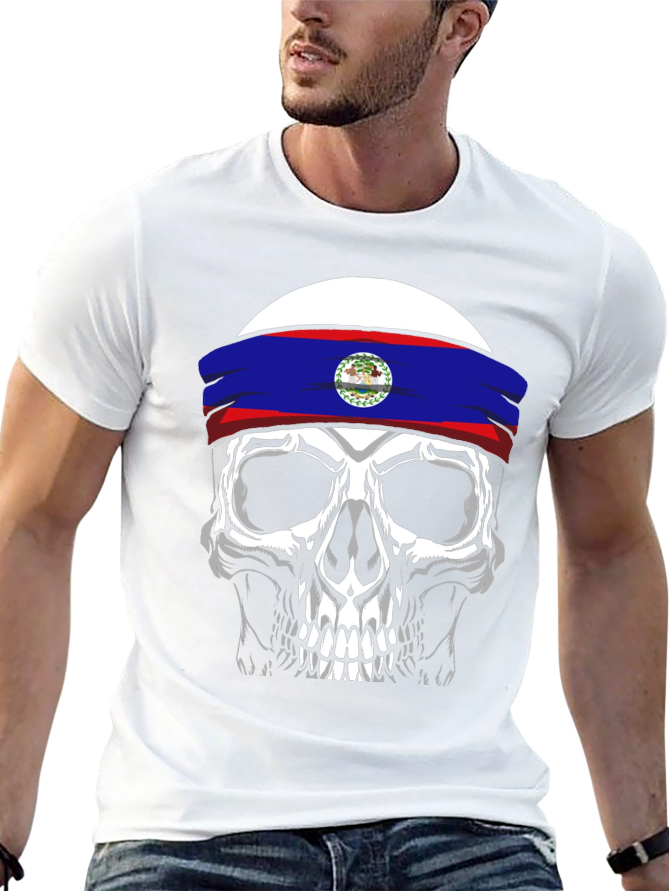 Black Skull Belize Flag Headband T-Shirt view 13