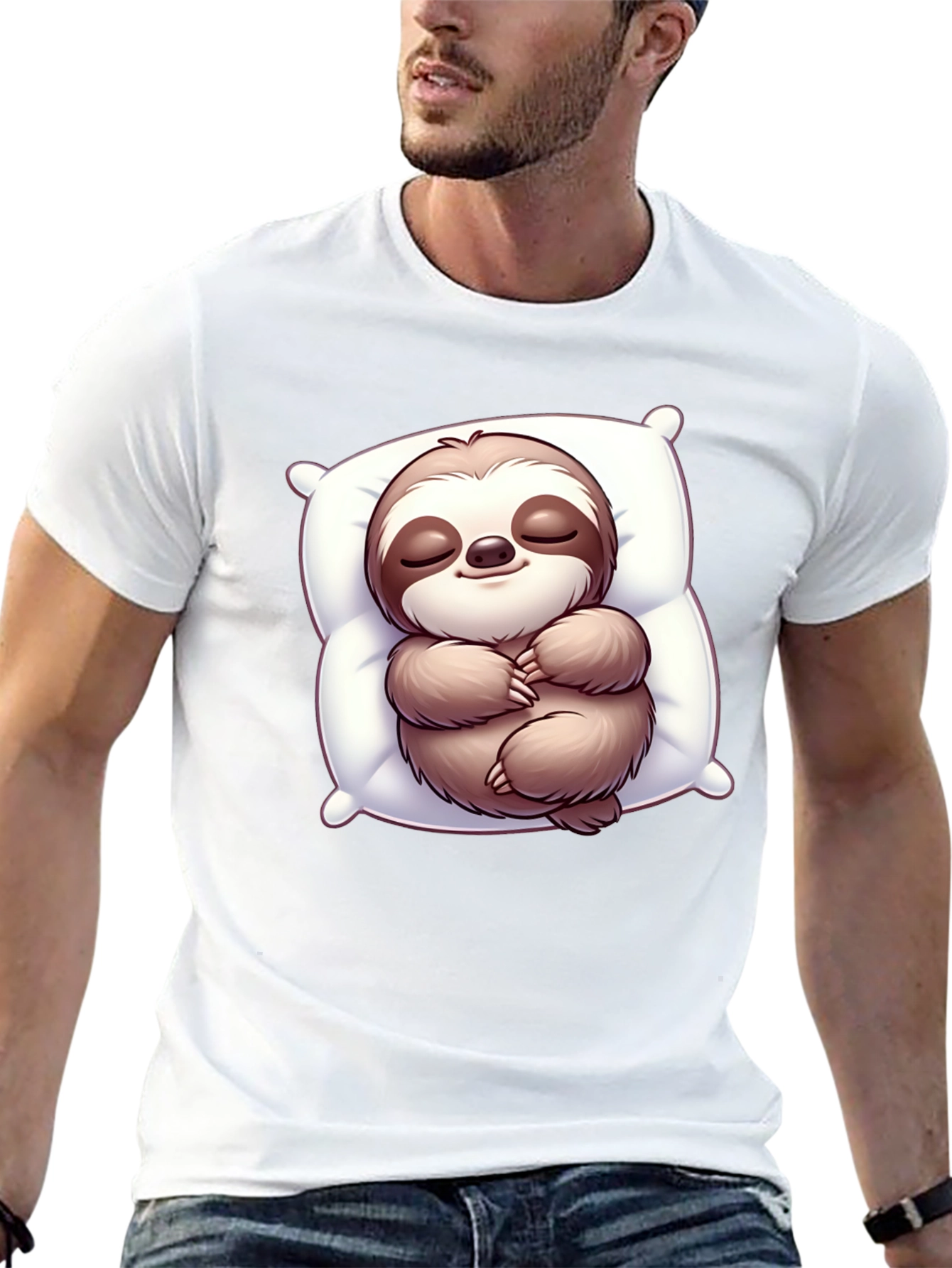 Black Cute Sloth Sleeping on Pillow Black T-Shirt view 13