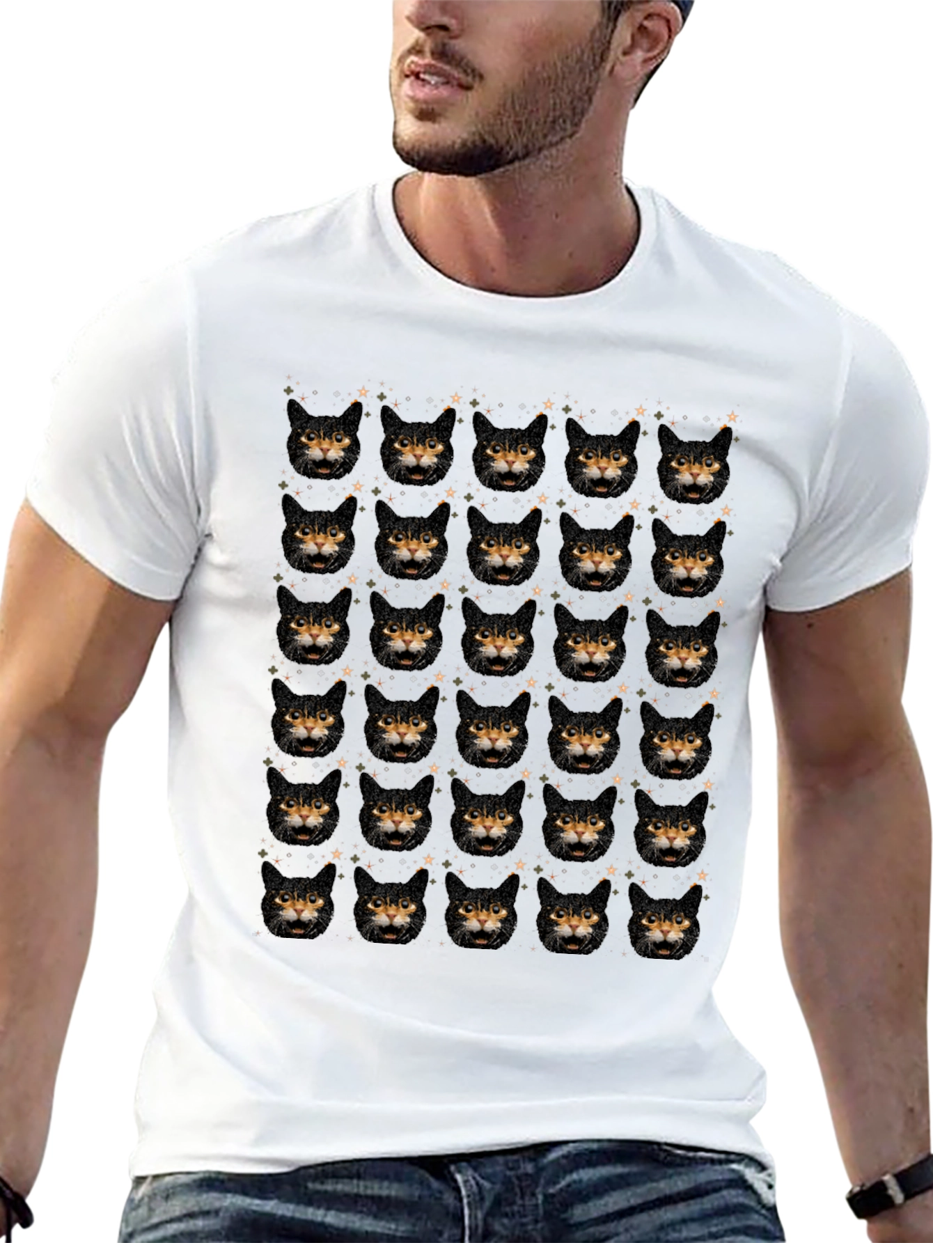 Black Cat Face Pattern Black T-Shirt view 13