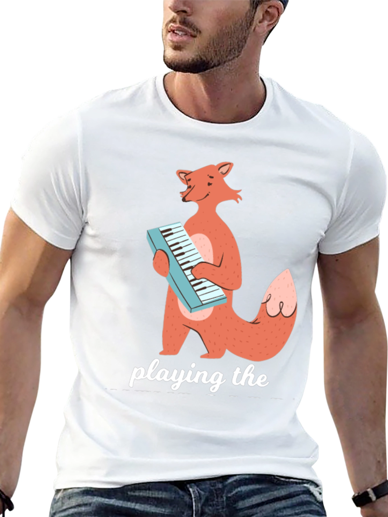 Black Fox Playing Keyboard Funny Graphic T-Shirt view 13