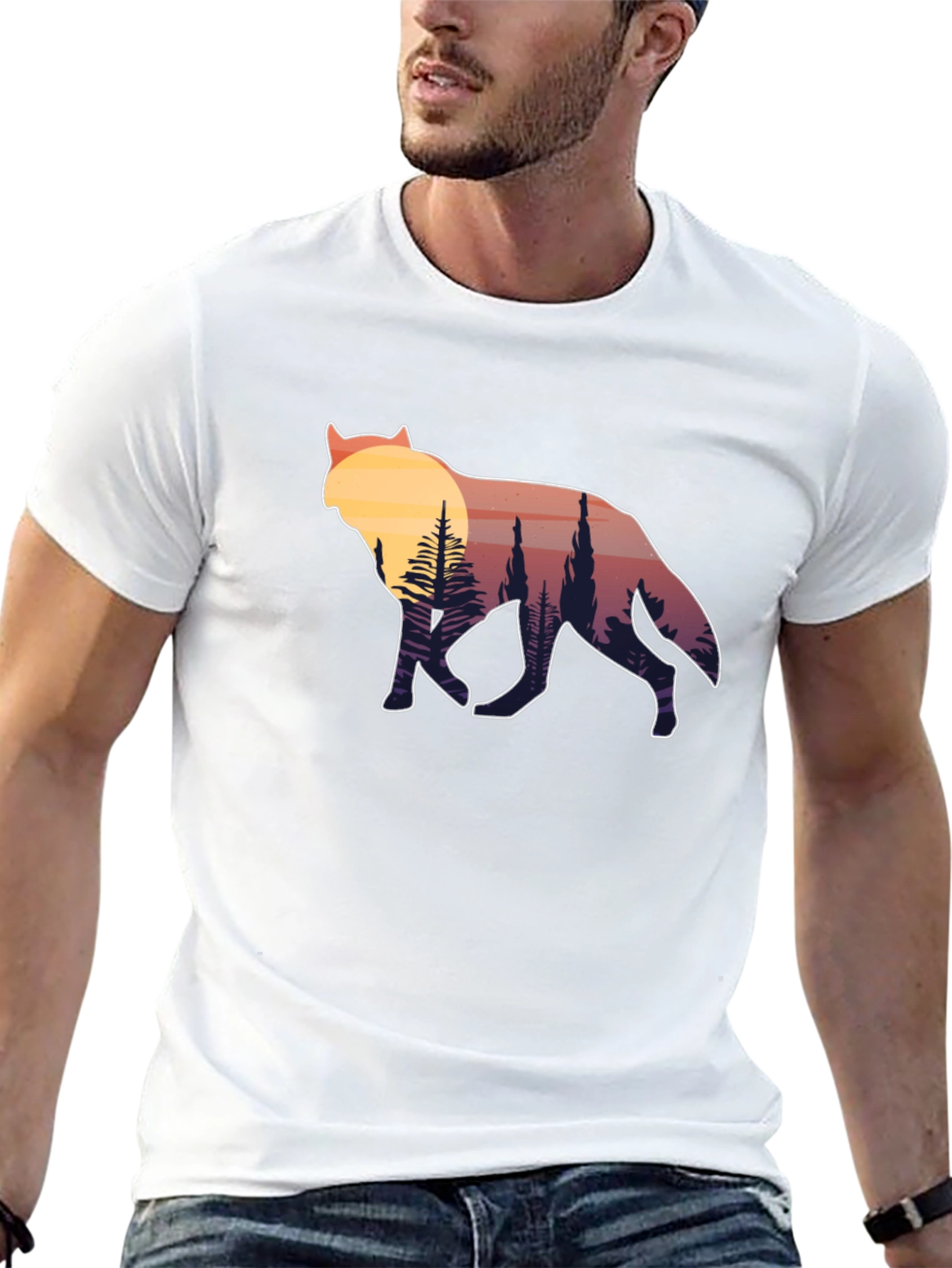 Black Wolf Silhouette Graphic Tee - Sunset Forest Design view 13