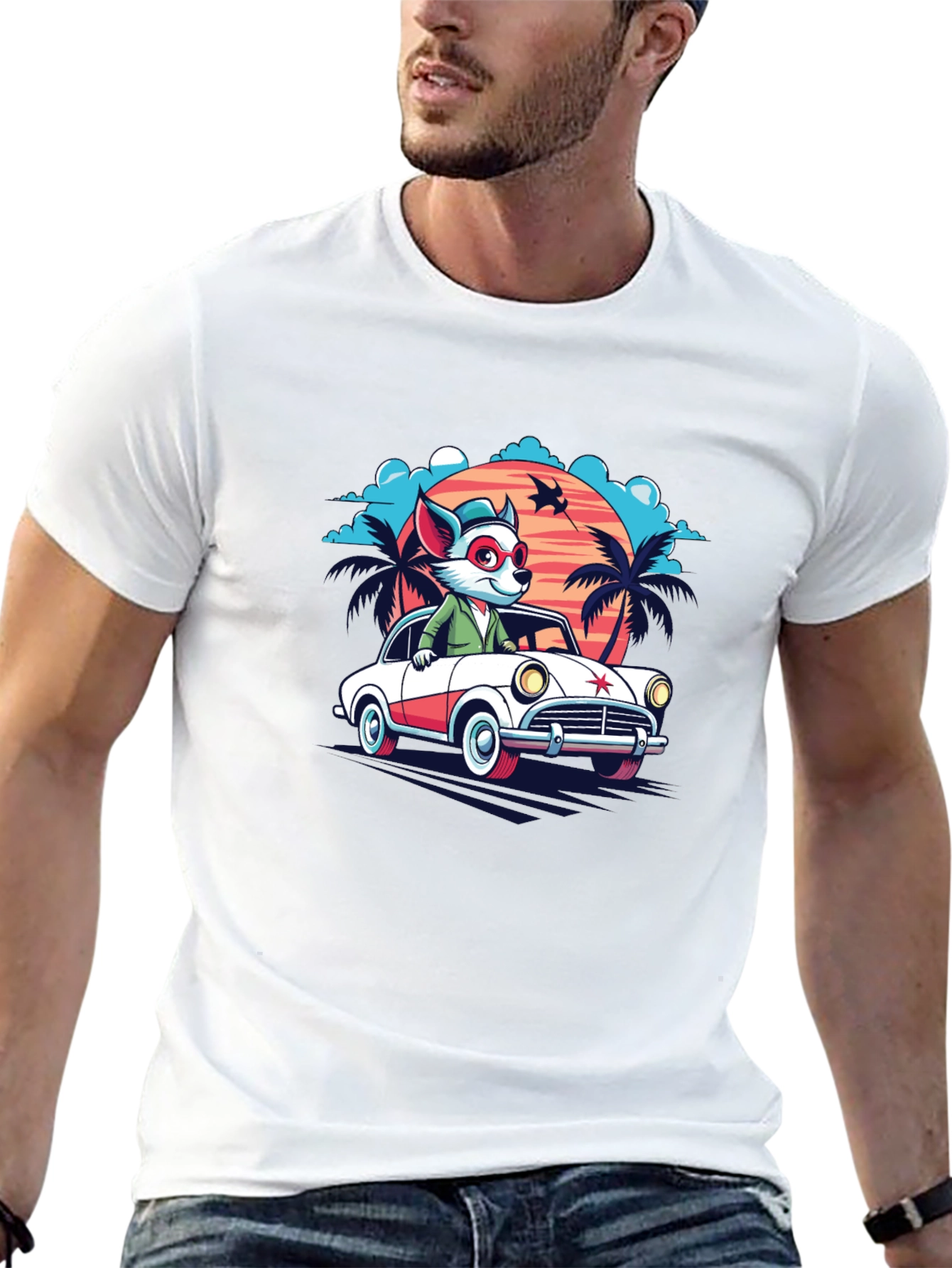 Black Cool Cartoon Fox Car T-Shirt view 13