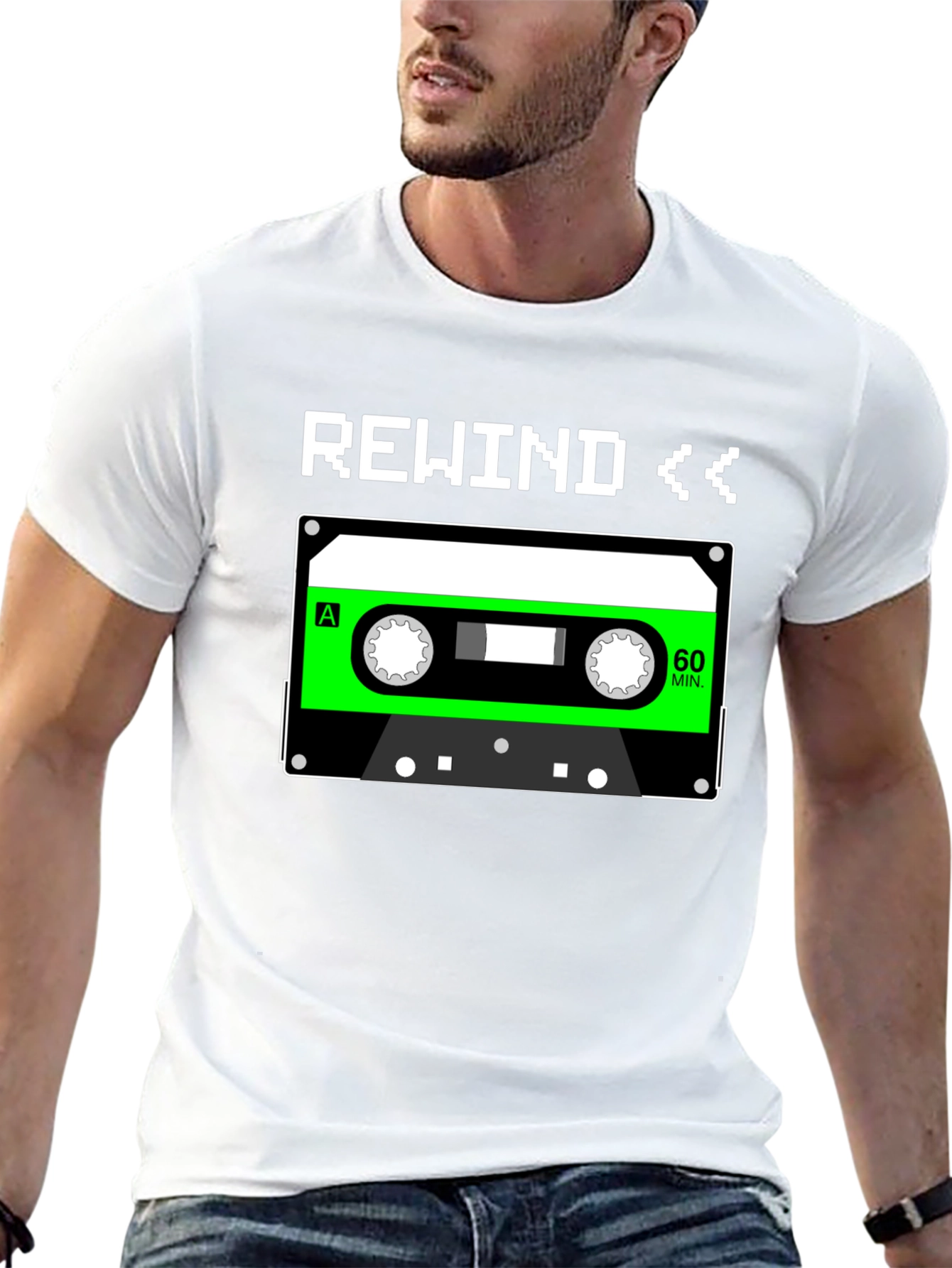 Black Retro Rewind Cassette Tape Graphic Tee - 80s Nostalgia T-Shirt view 13