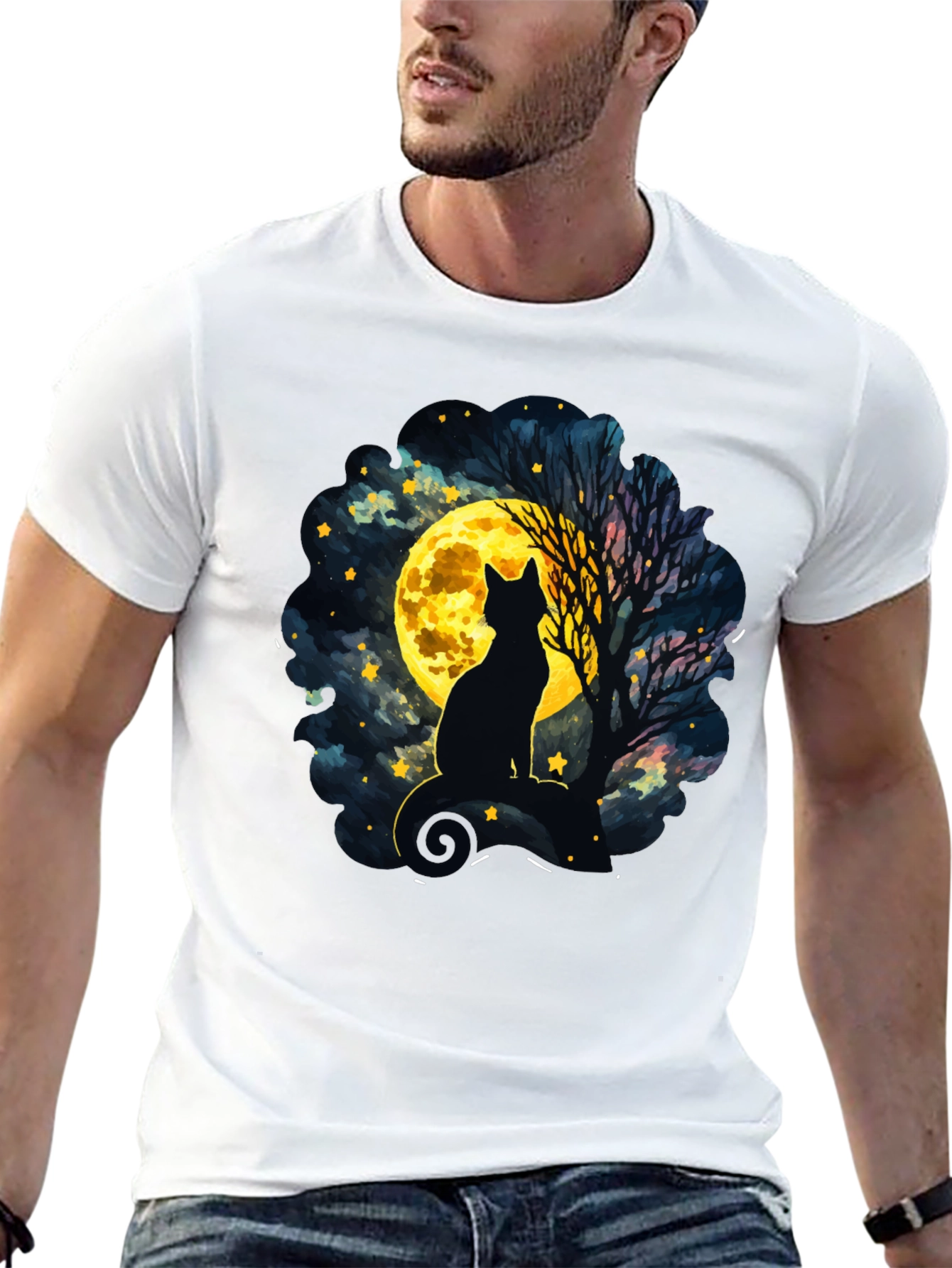 Black Moonlit Cat T-Shirt - Whimsical Night Sky Design view 13