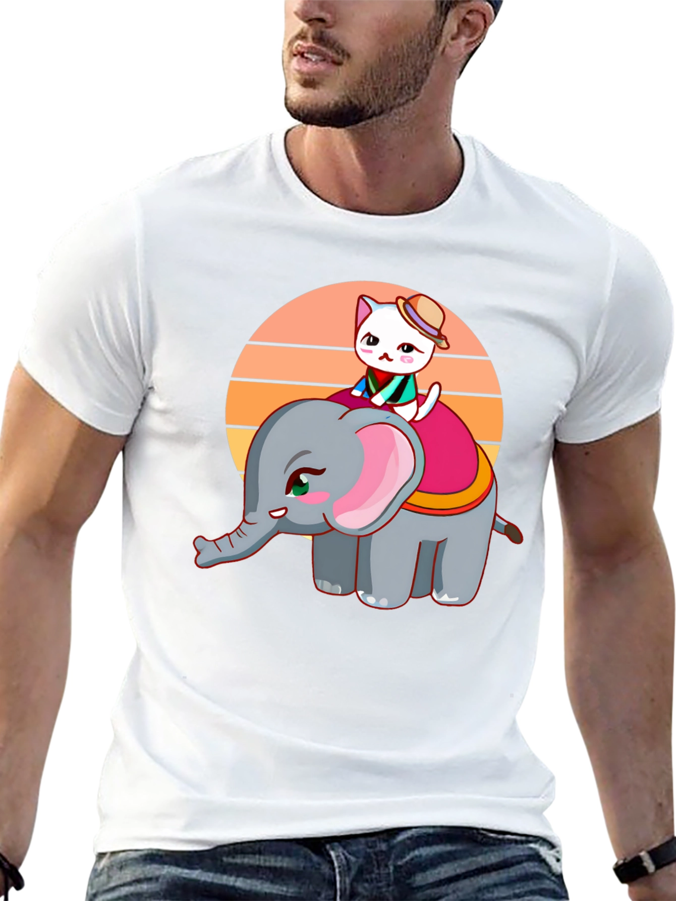 Black Cute Cartoon Elephant and Cat Graphic Tee view 13