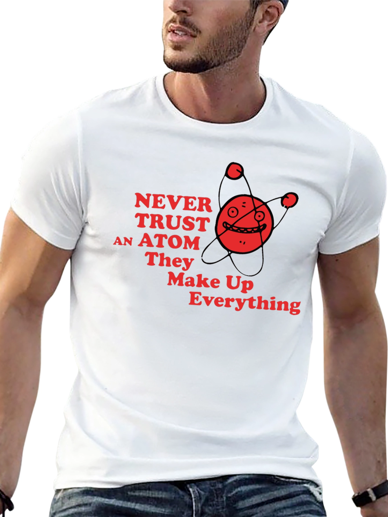 Black Never Trust an Atom Funny Science T-Shirt view 13
