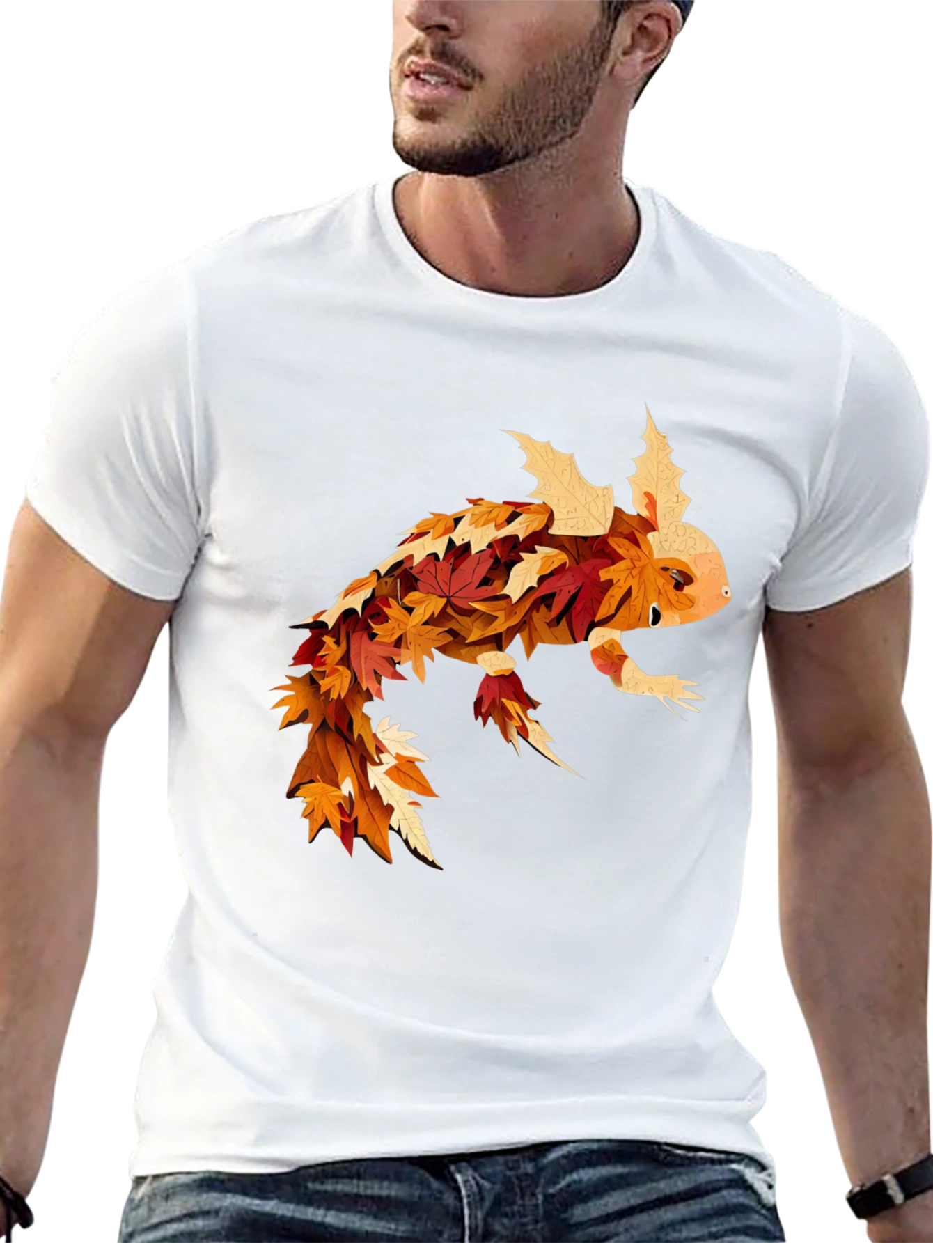 Black Fall Axolotl T-Shirt - Autumn Leaf Design view 13