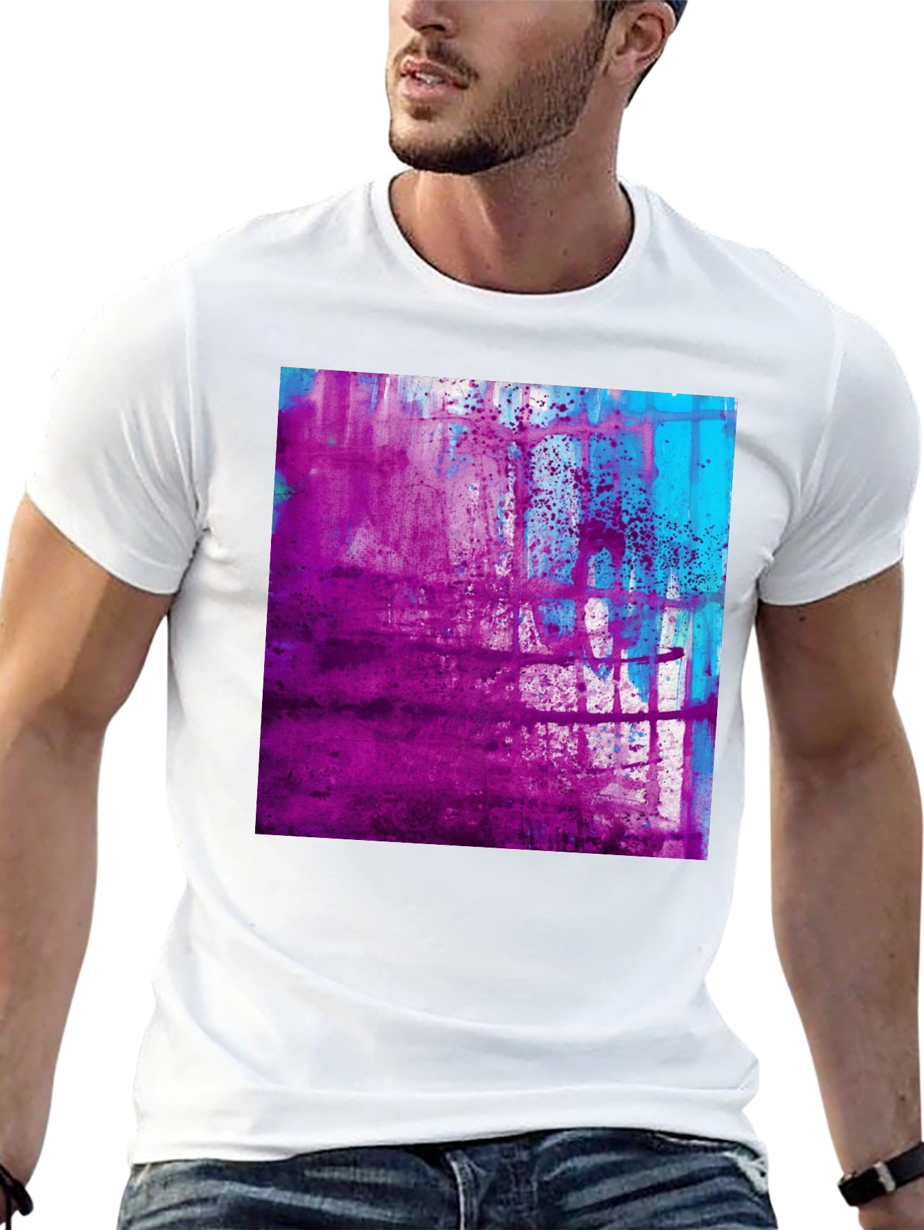 Black Abstract Purple & Blue Graphic Print Black T-Shirt view 13