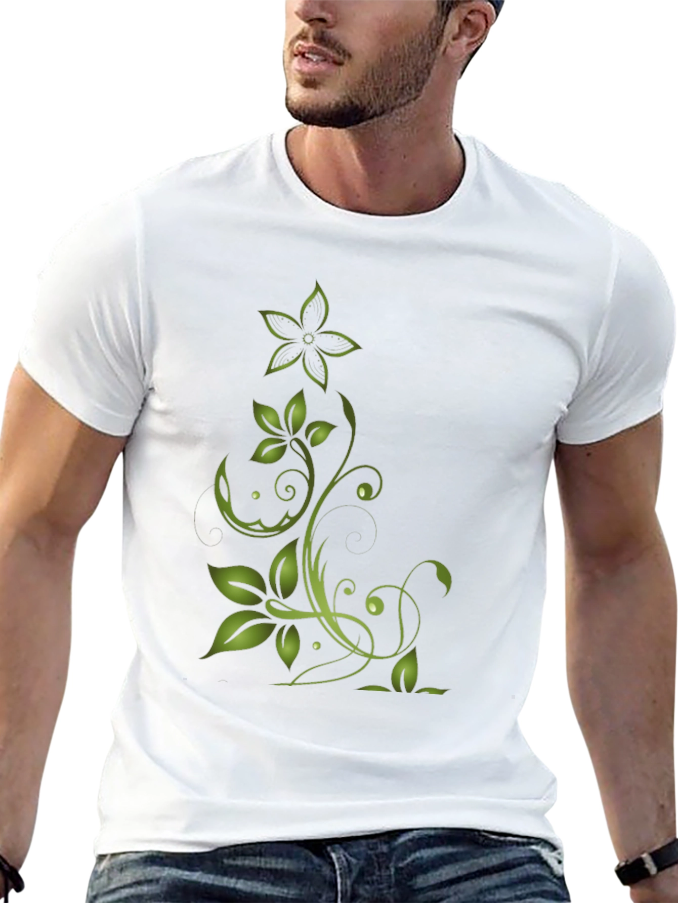 Black Green Floral Design Black T-Shirt view 13