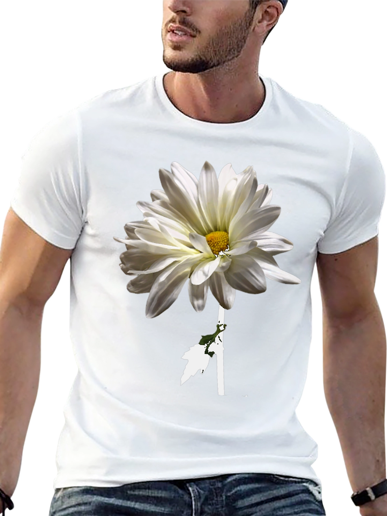 Black Floral T-Shirt: White Daisy on Black view 13