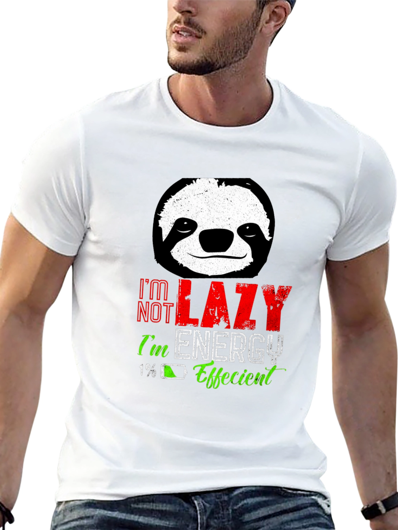 Black Lazy Sloth Energy Efficient Men's Black T-Shirt view 13