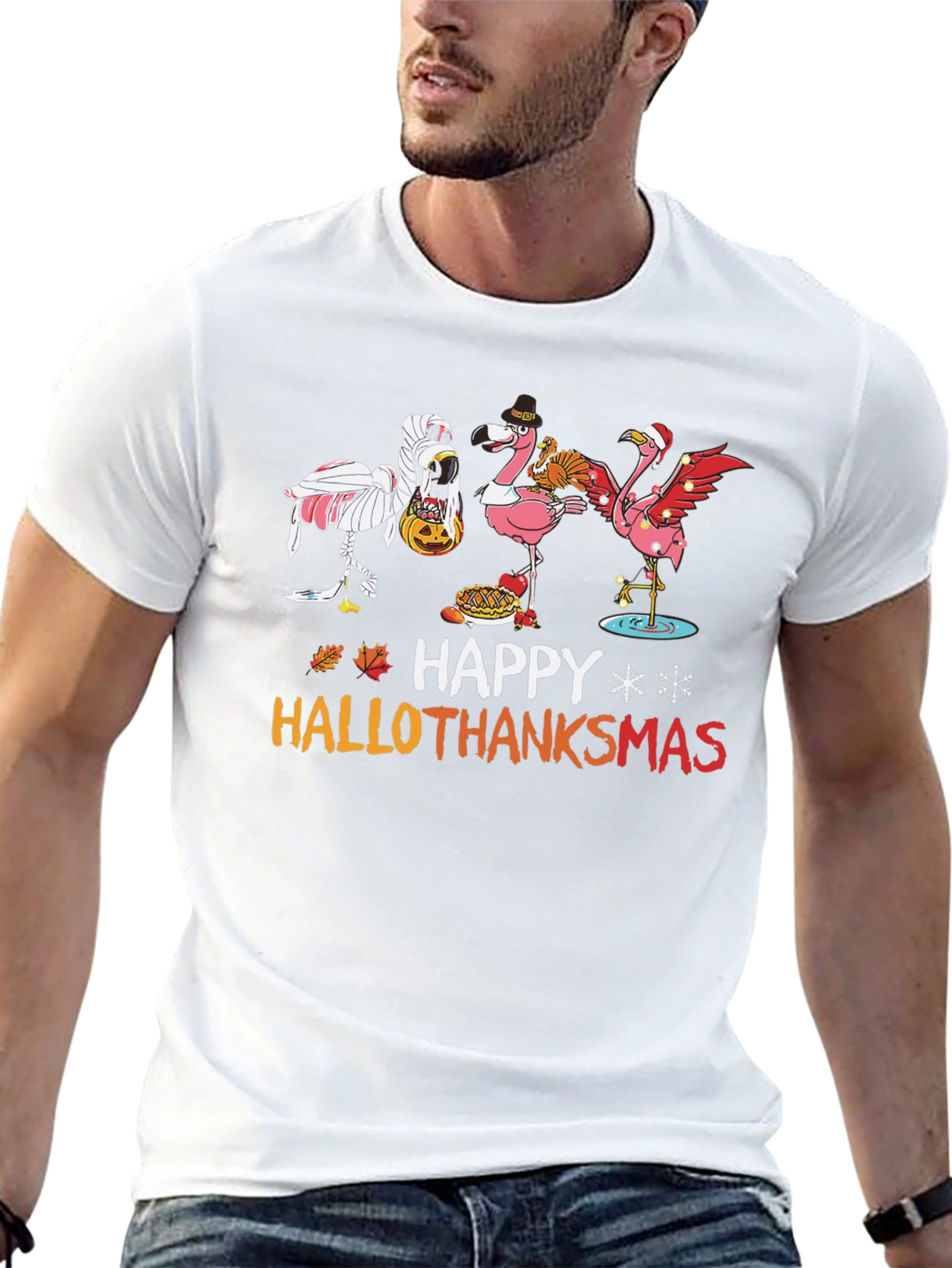 Black Happy Hallothanksmas Flamingo T-Shirt view 13
