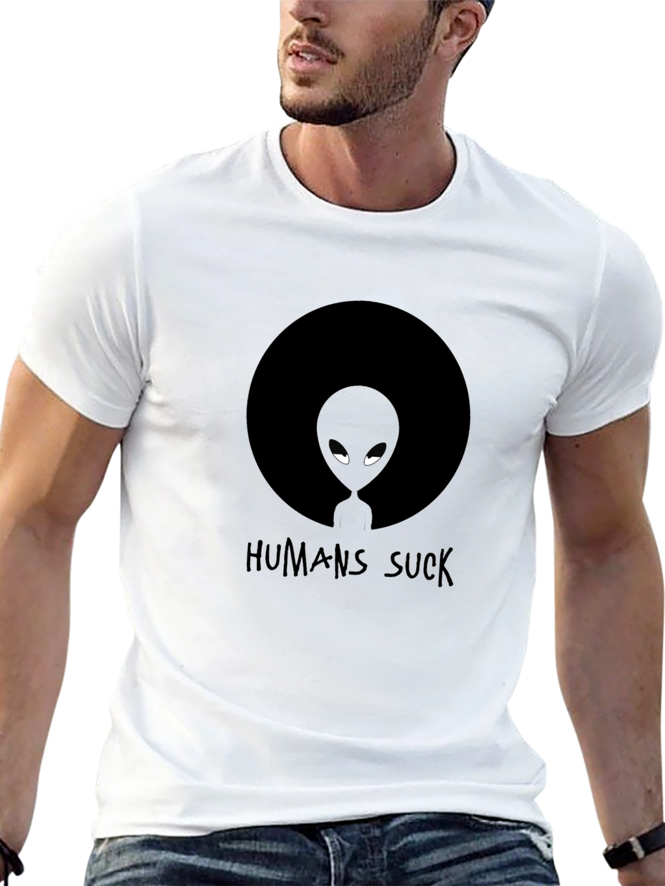 Black Humans Suck Alien Graphic Tee - Black Cotton T-Shirt view 13
