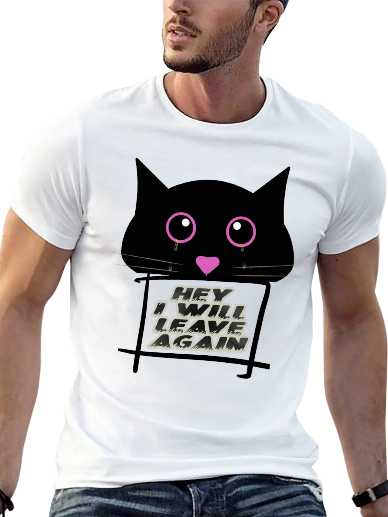 Black Crying Cat Graphic Print Tee - 'Hey I Will Leave Again' view 13