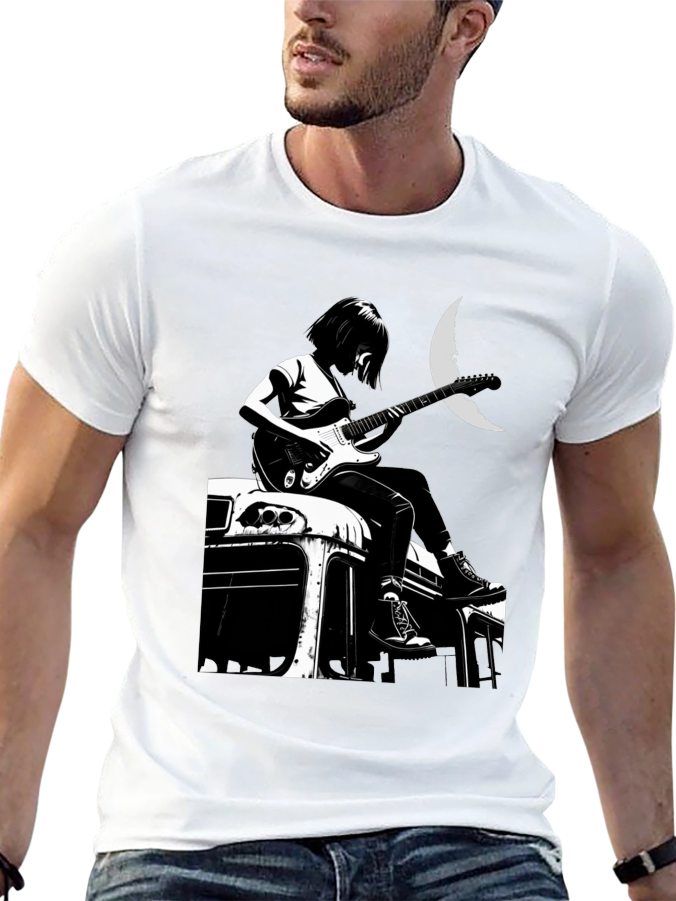 Black Guitarist Moon Graphic T-Shirt view 13