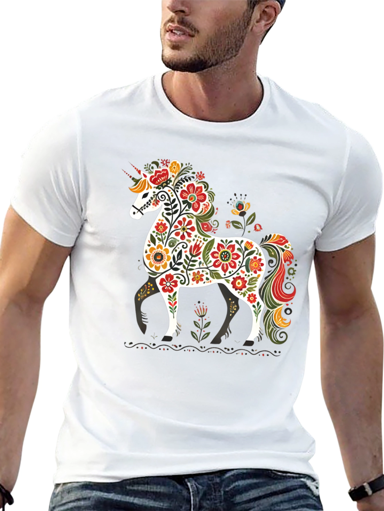 Black Floral Unicorn Graphic Tee - Black Unisex T-Shirt view 13