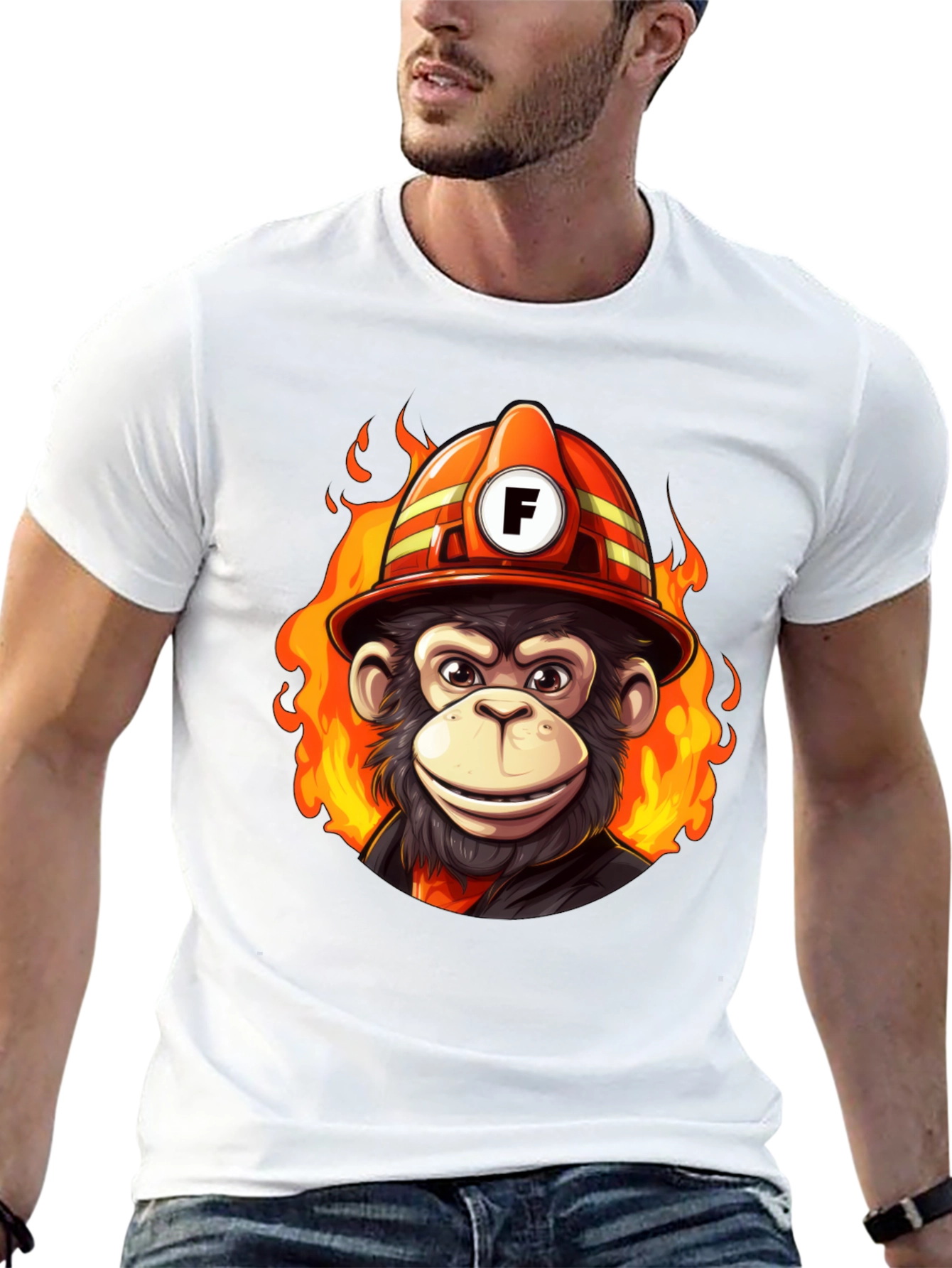 Black Fire Monkey Tee - Fun Cartoon Firefighter Ape T-Shirt view 13