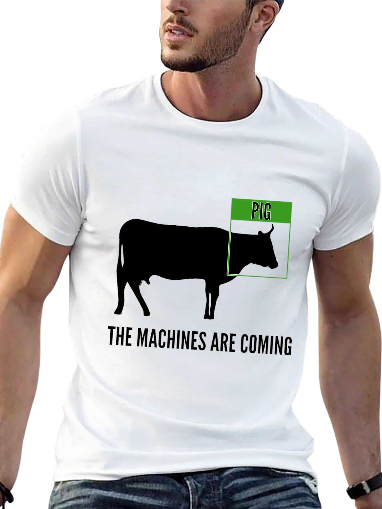 Black Funny 'Pig' Cow T-Shirt - The Machines Are Coming view 13