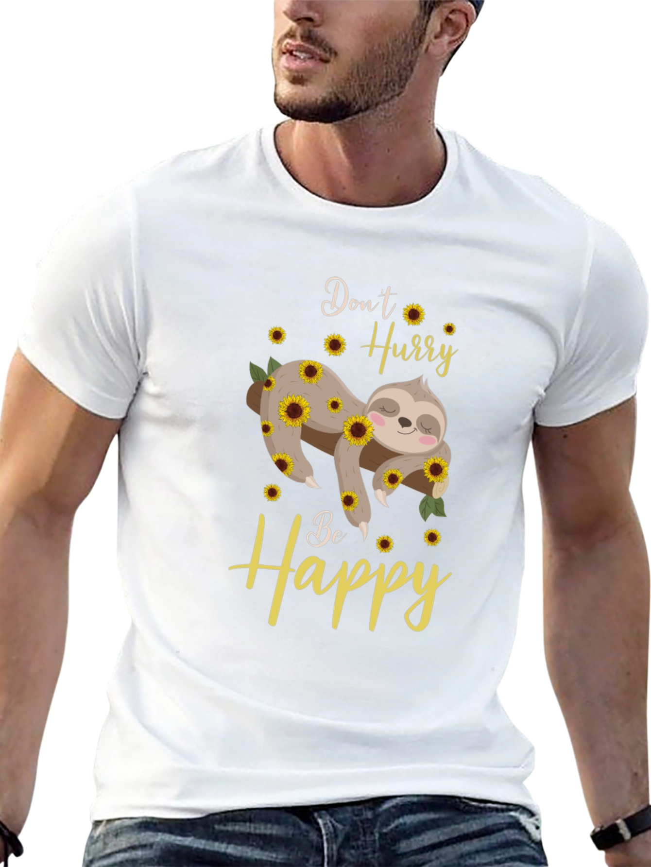 Black Don't Hurry Be Happy Sloth Sunflower Graphic T-Shirt view 13