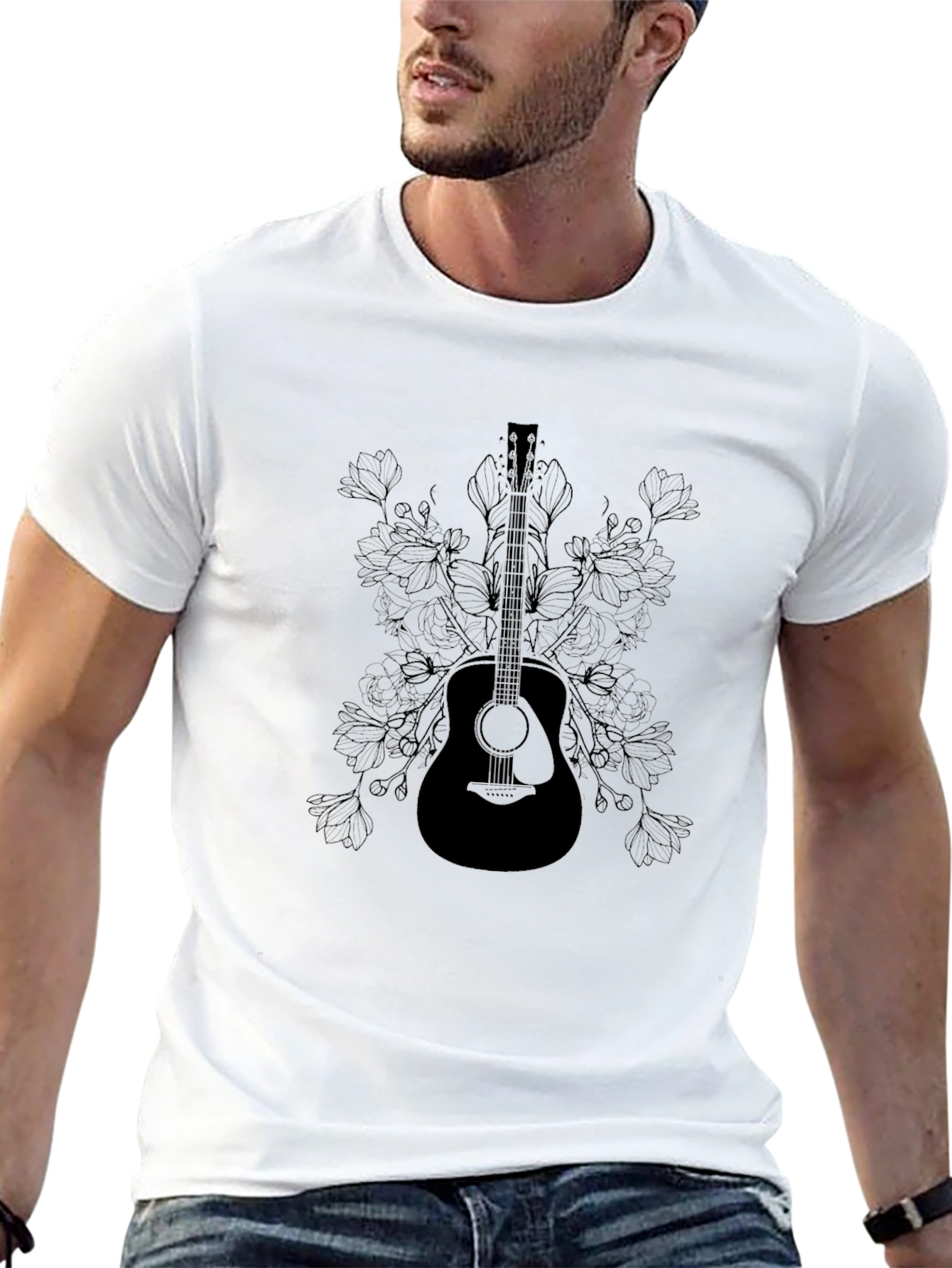 Black Guitar & Floral Graphic T-Shirt - Black view 13