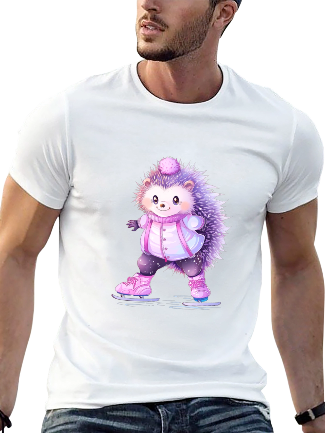 Black Cute Hedgehog Ice Skating T-Shirt view 13