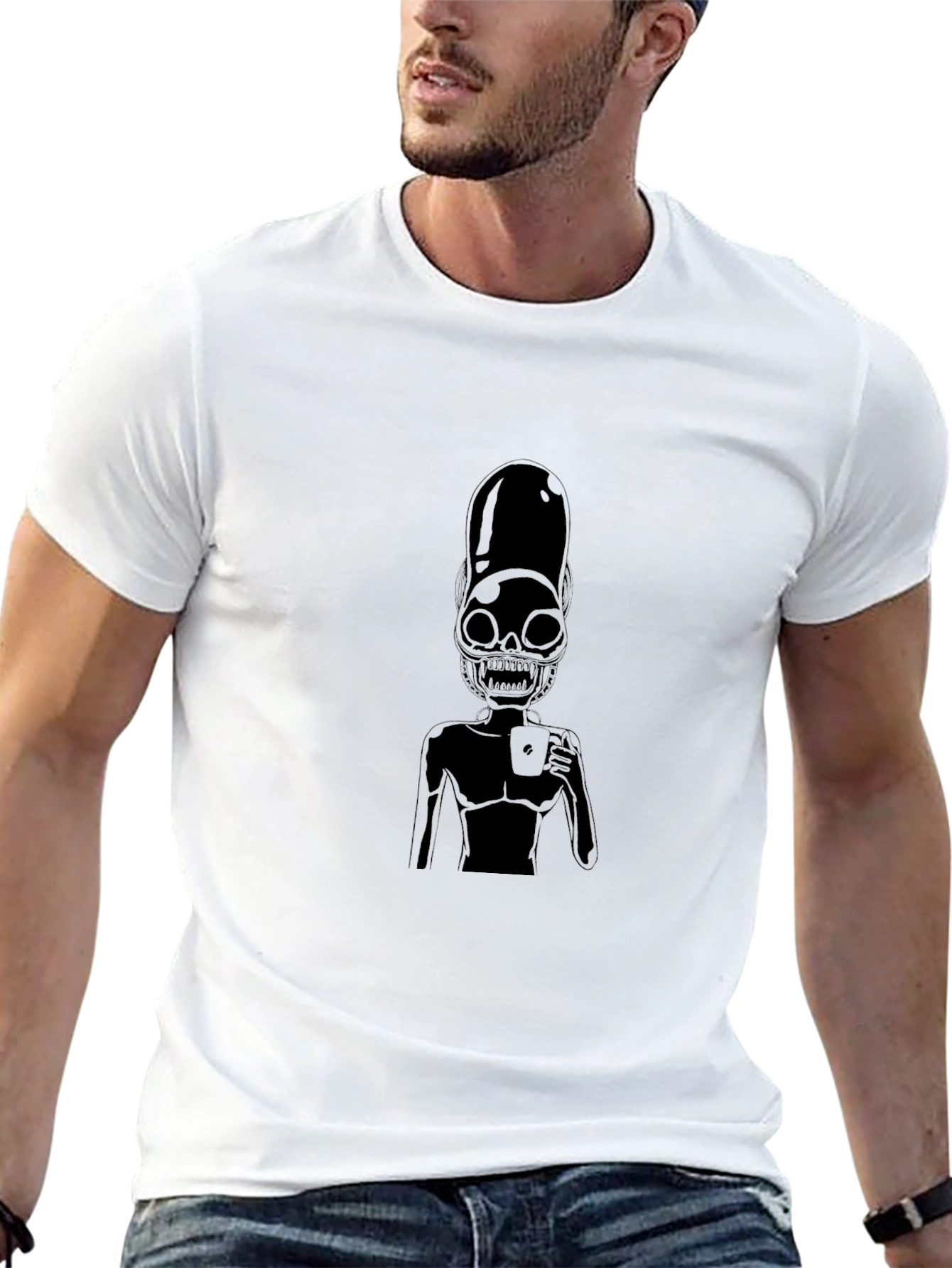 Black Alien Skeleton Coffee Graphic Black T-Shirt view 13
