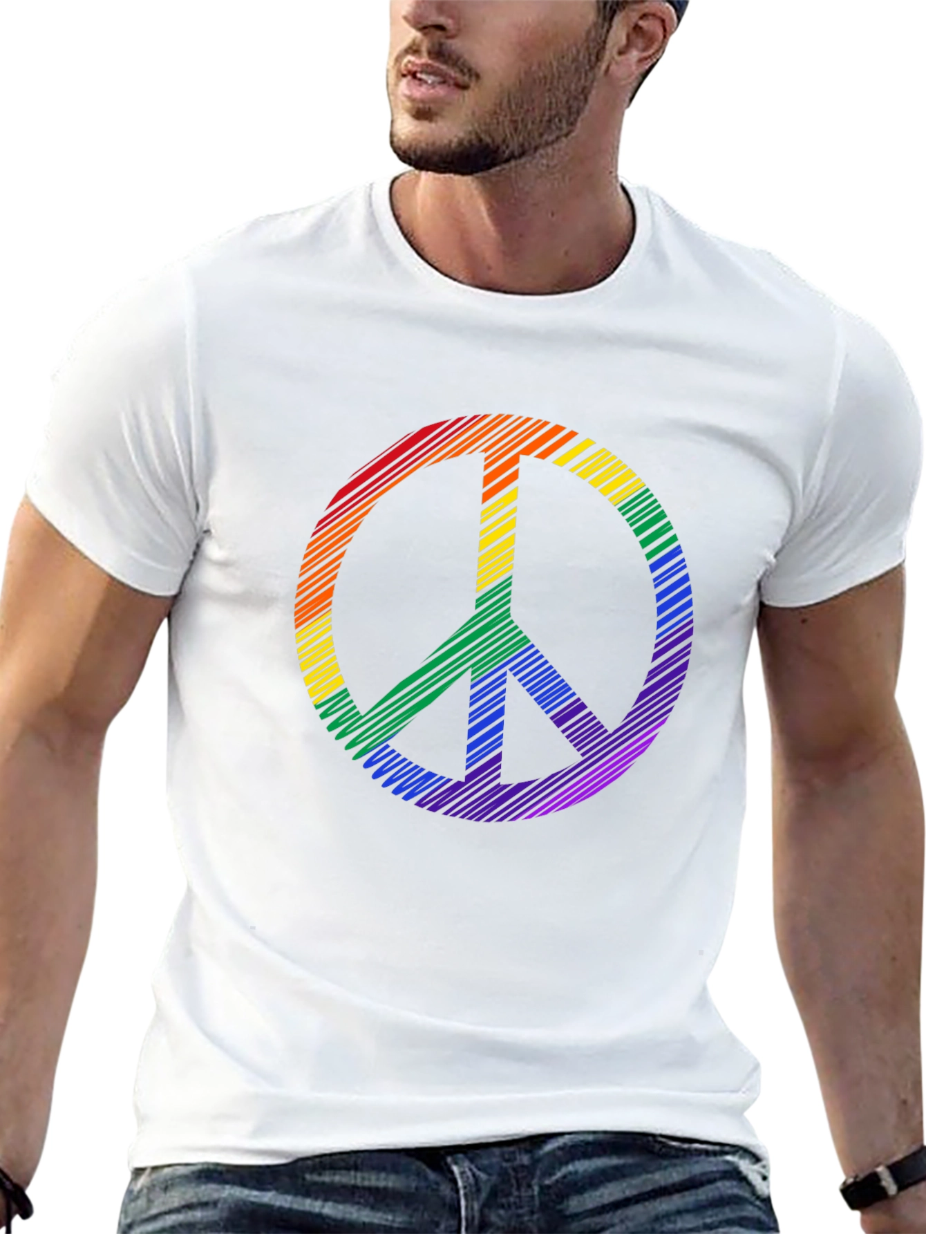 Black Rainbow Peace Sign Graphic Tee - Black Cotton Casual Shirt view 13