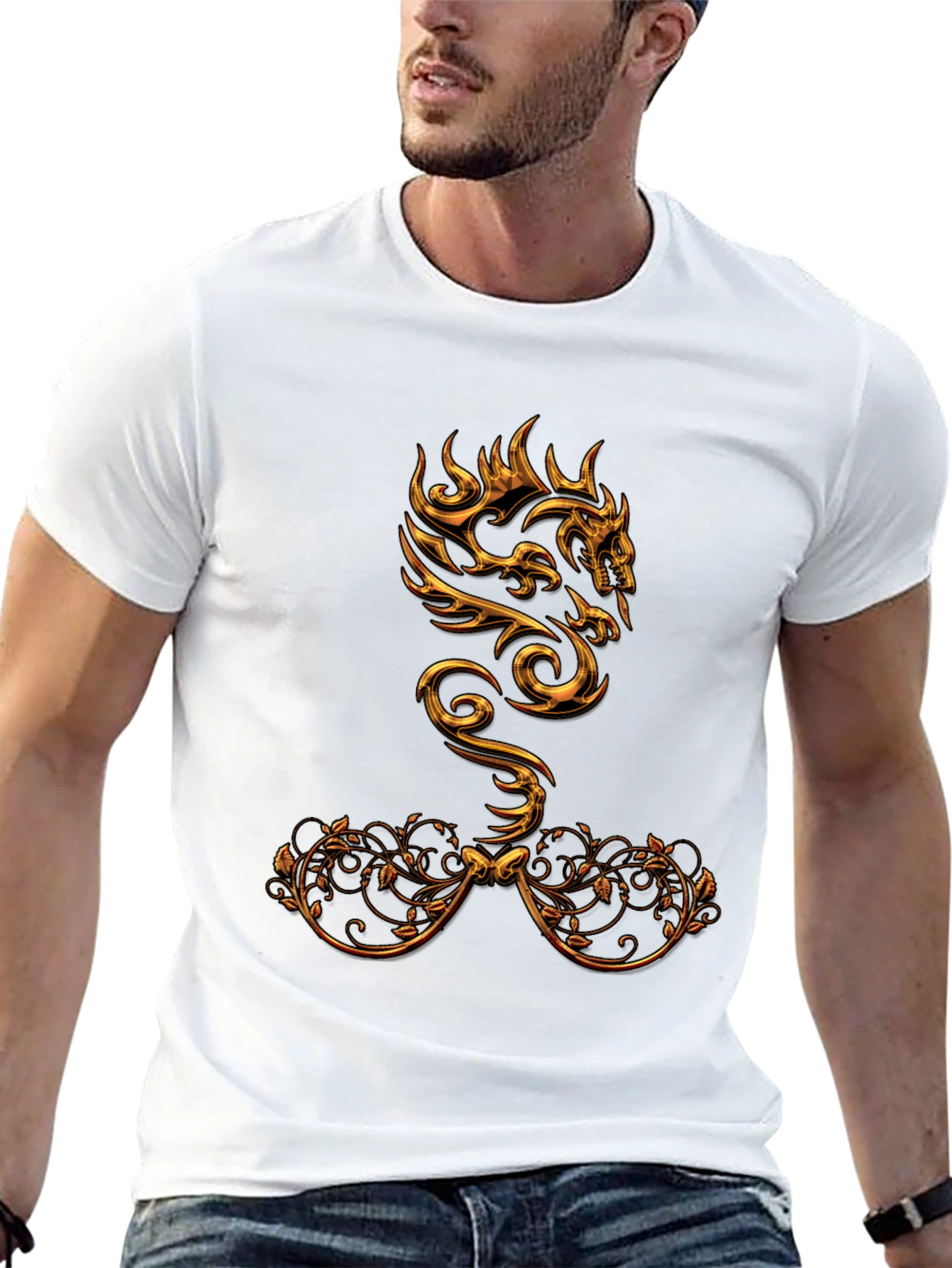 Black Golden Dragon Graphic Print Black T-Shirt view 13