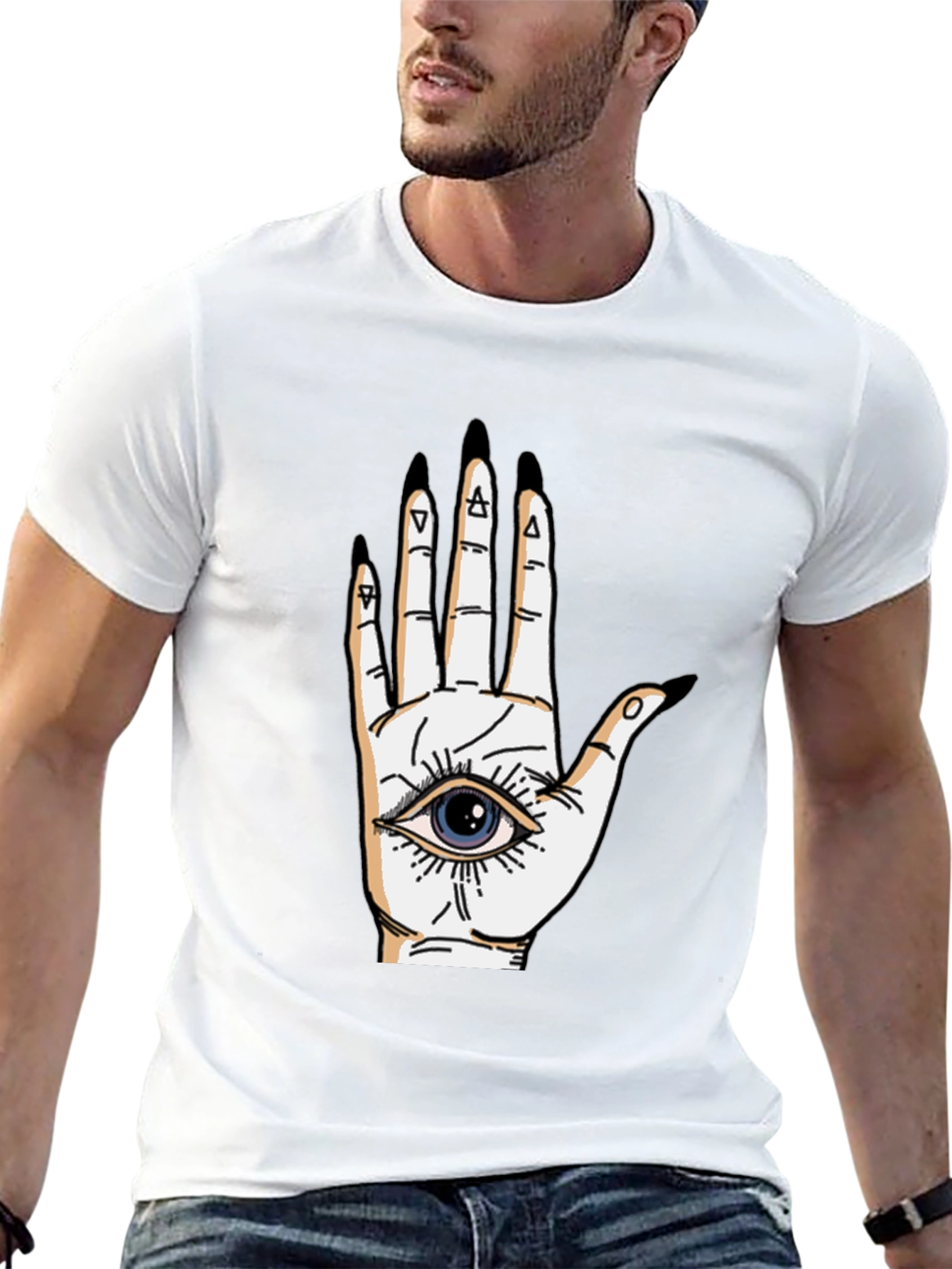 Black Eye-in-Hand Graphic Tee - All Seeing Black T-Shirt view 13