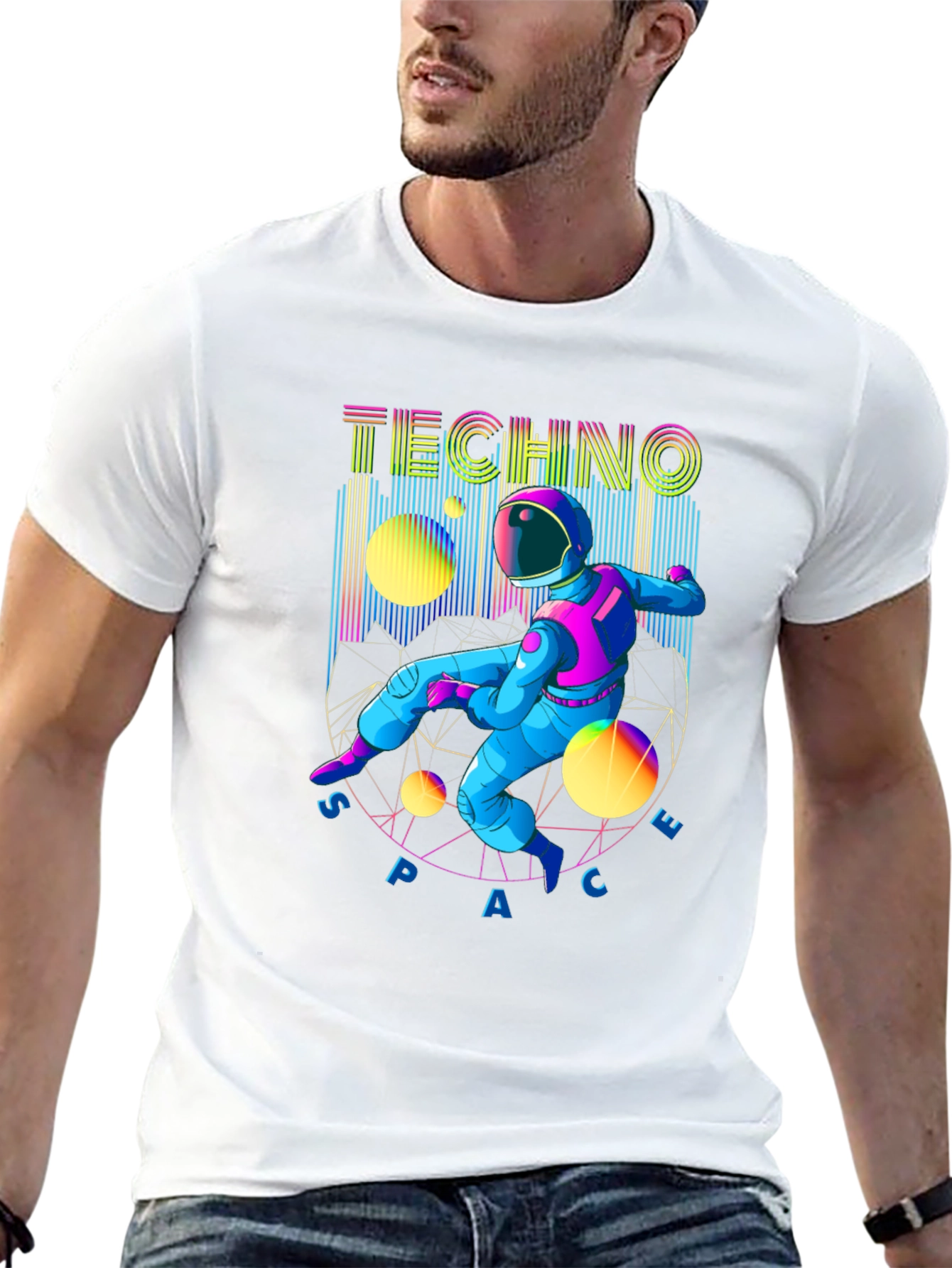 Black Techno Space T-Shirt - Retro Astronaut Design view 13