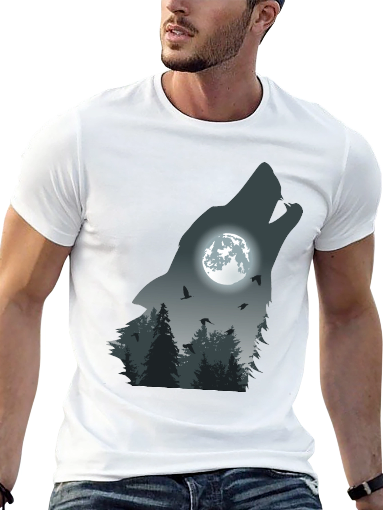 Black Wolf Moon Forest Graphic Tee - Men's Black T-Shirt view 13